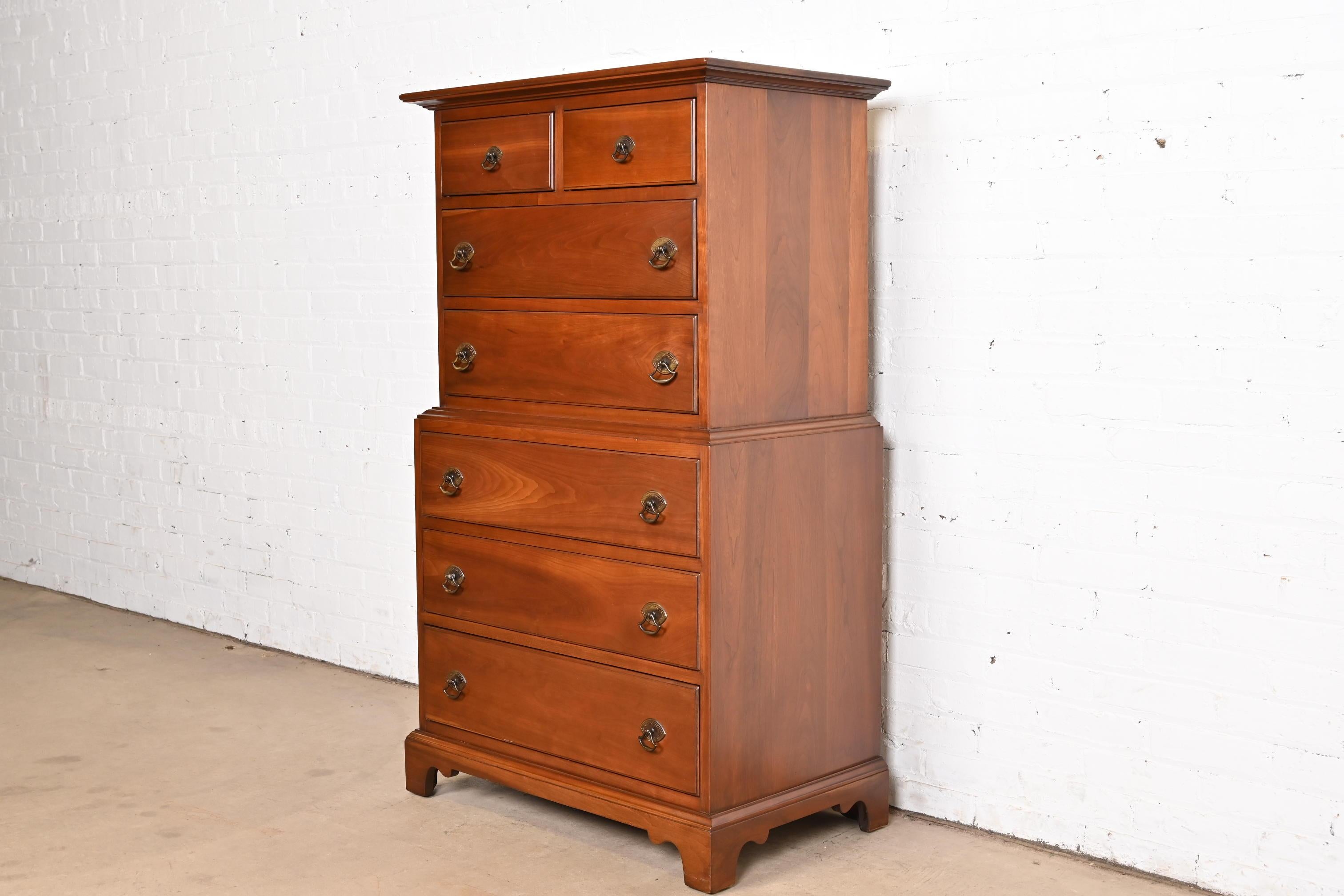 Mid-20th Century Stickley American Colonial Solid Cherry Wood Highboy Dresser, Circa 1950s