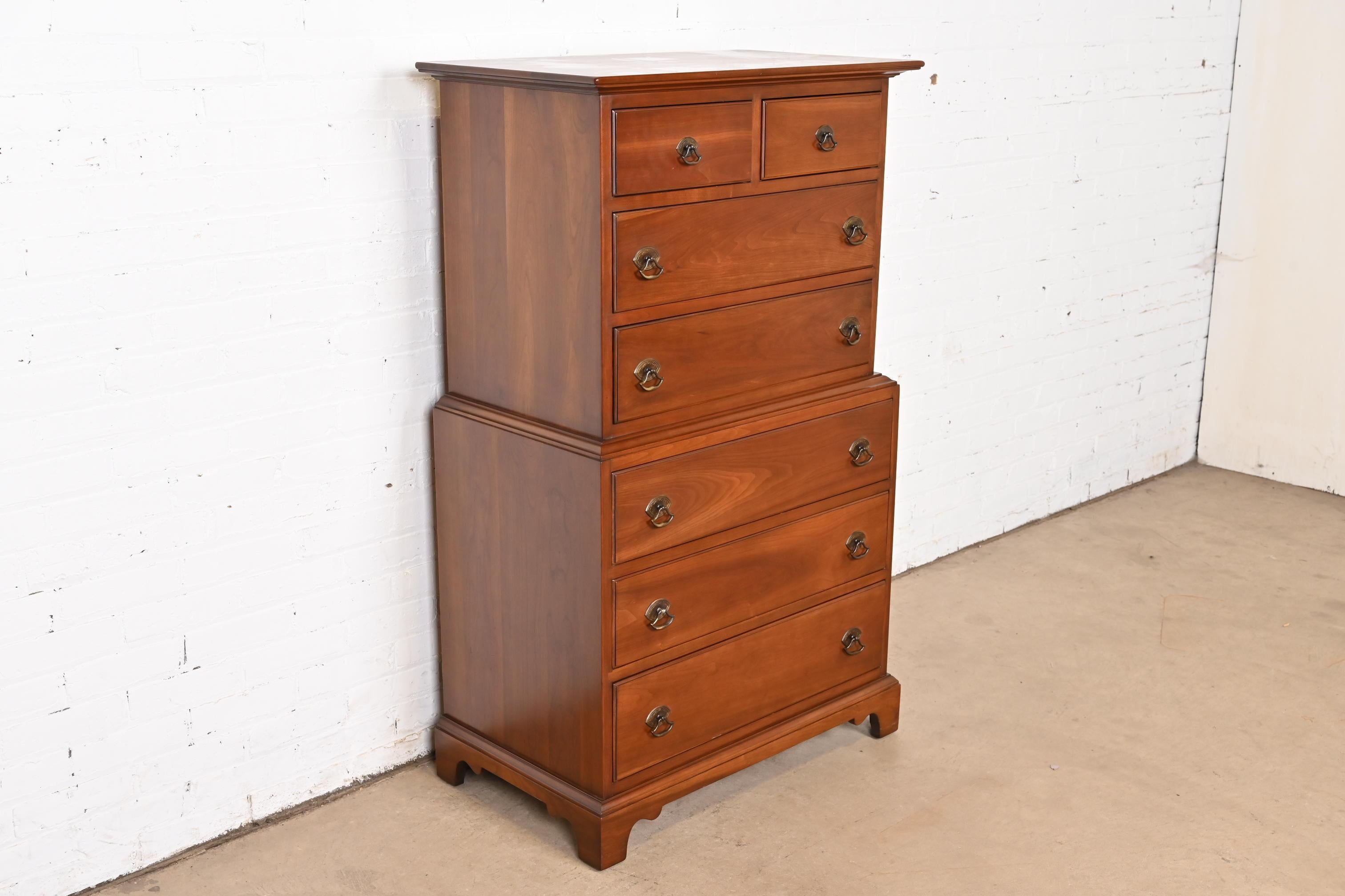 Brass Stickley American Colonial Solid Cherry Wood Highboy Dresser, Circa 1950s