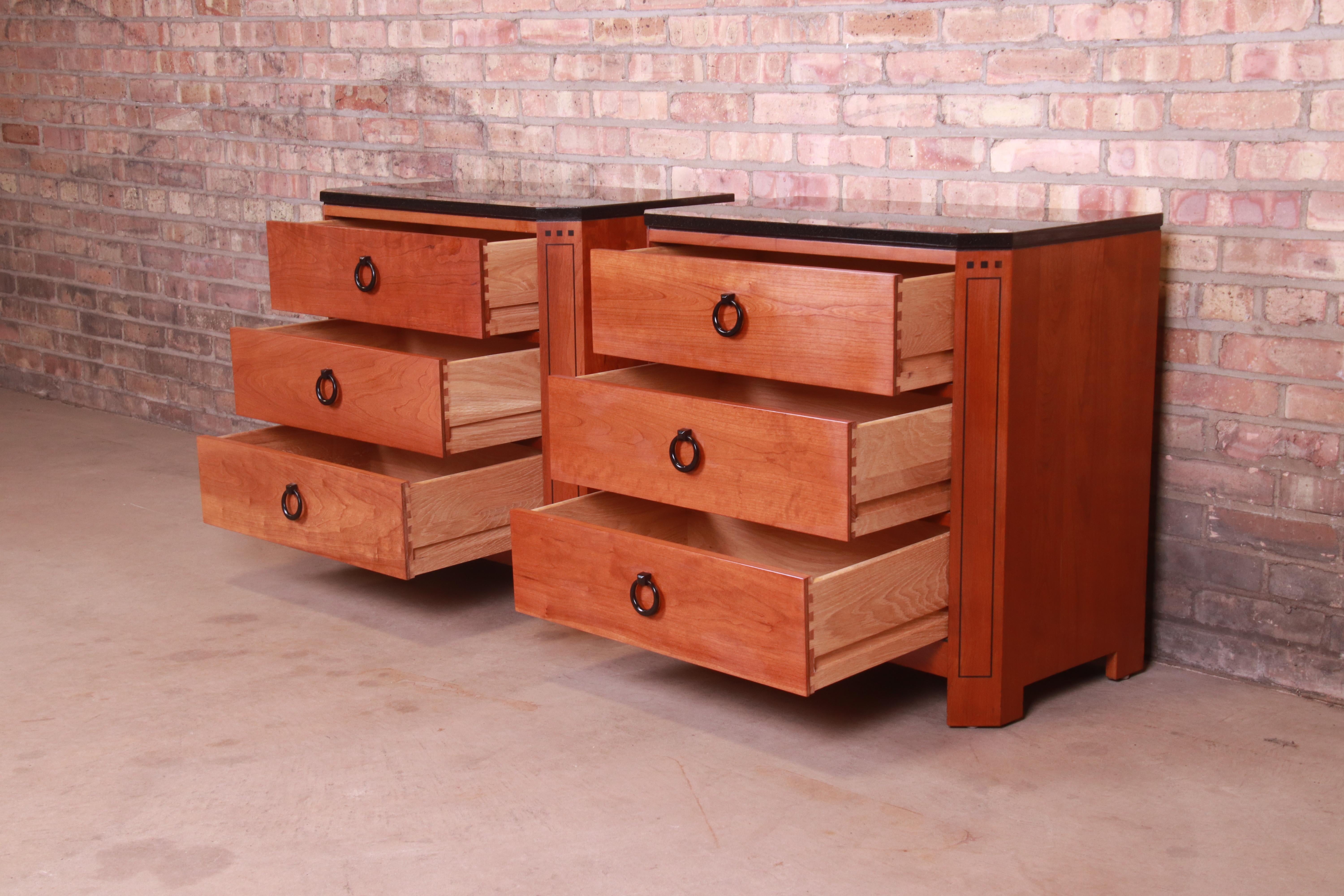 Stickley Arts & Crafts Cherry Wood Granite Top Nightstands, Pair 2