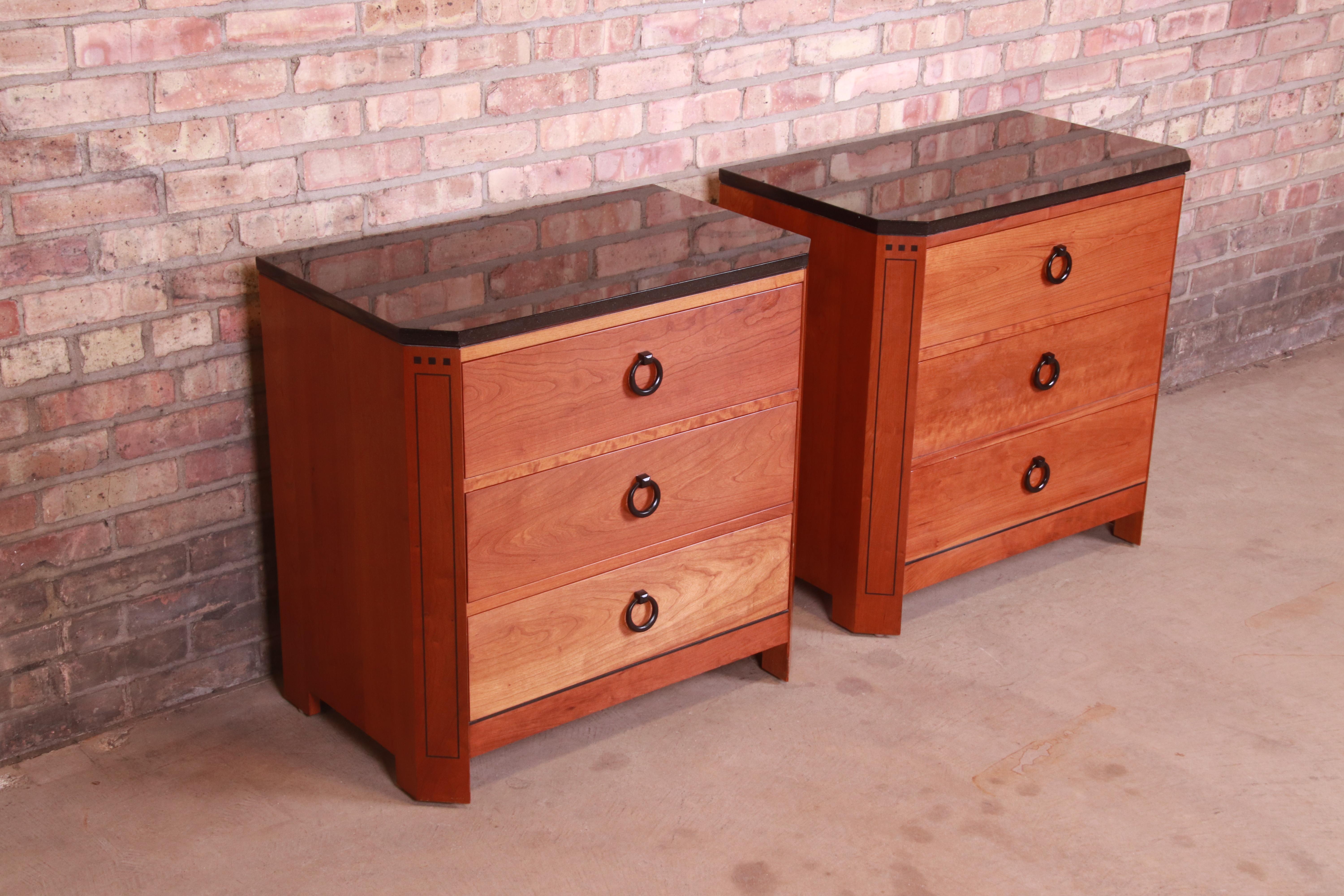 Arts and Crafts Stickley Arts & Crafts Cherry Wood Granite Top Nightstands, Pair