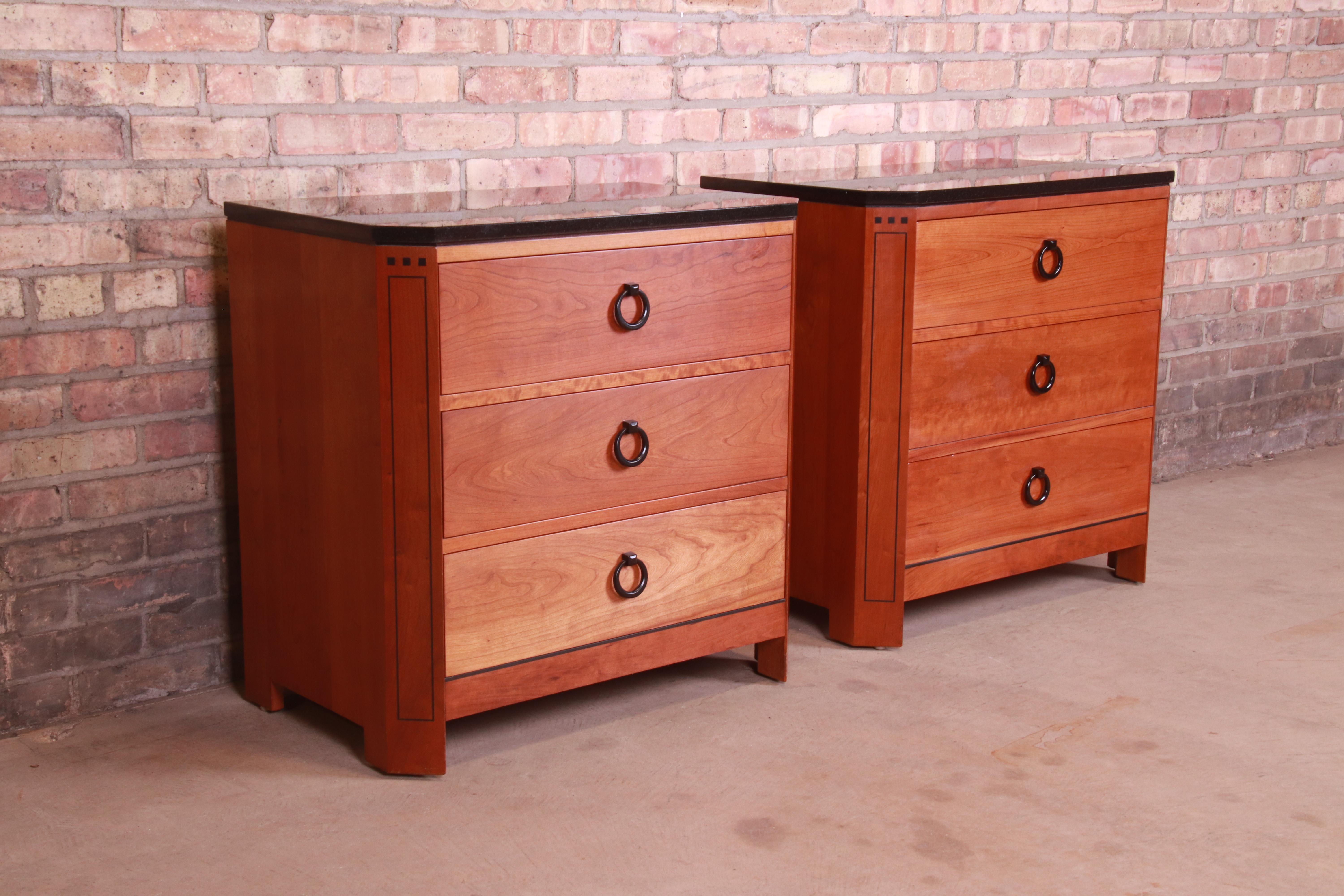 American Stickley Arts & Crafts Cherry Wood Granite Top Nightstands, Pair