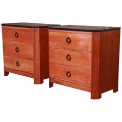 Used Stickley Arts & Crafts Cherry Wood Granite Top Nightstands, Pair