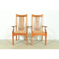 Stickley Arts & Crafts Cherry Wood High Back Spindle Armchairs, Pair