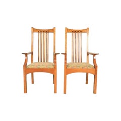 Stickley Arts & Crafts Cherry Wood High Back Spindle Armchairs, Pair