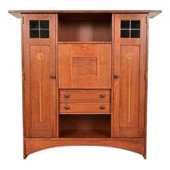 Stickley Arts & Crafts Inlaid Oak Bookcase With Drop Front Secretary Desk