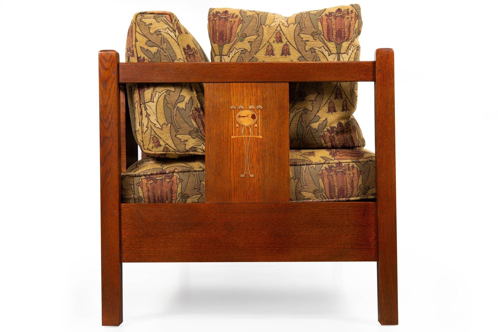 Stickley Arts & Crafts Mission Inlaid Solid Oak Sofa, Harvey Ellis Collection 11