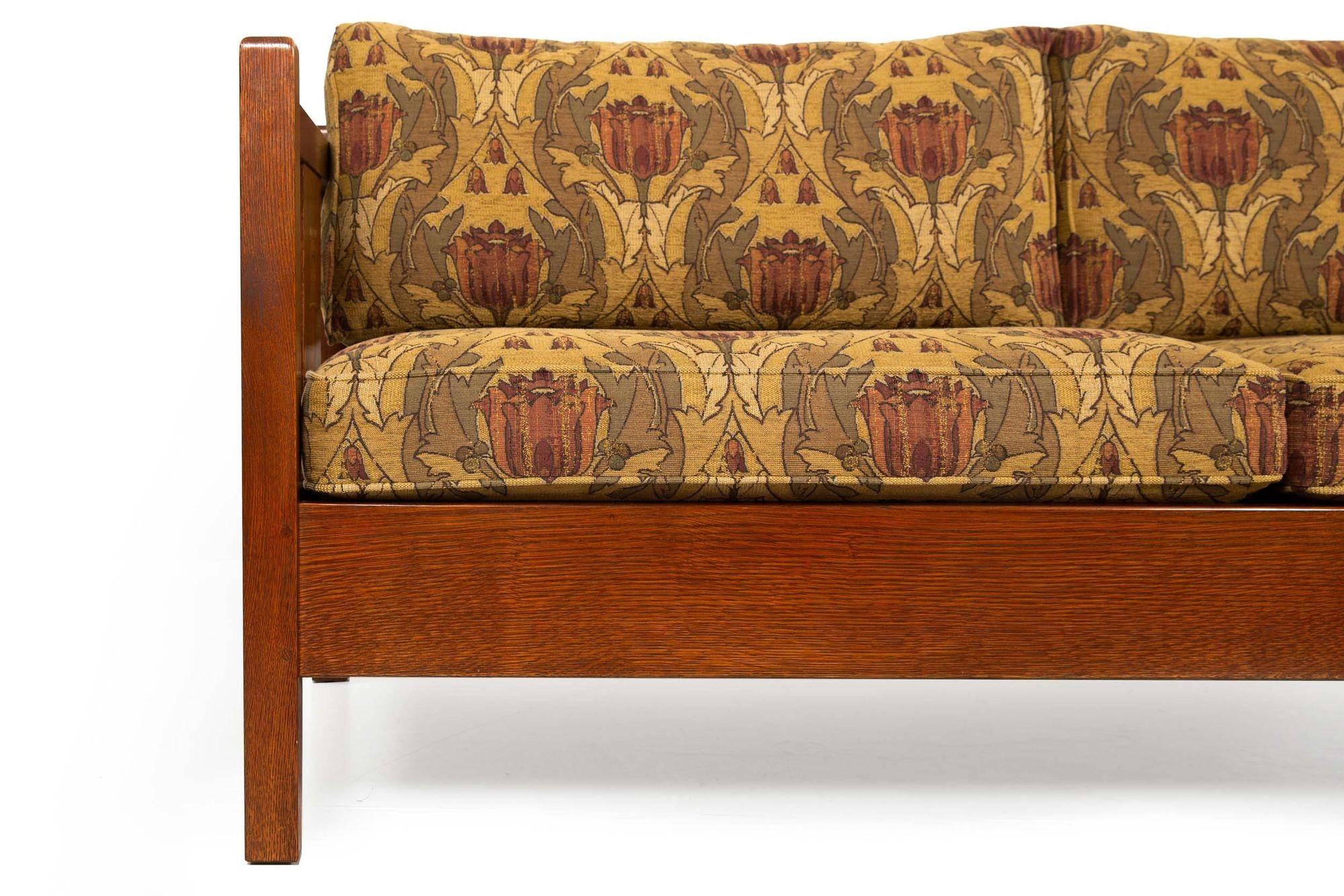Stickley Arts & Crafts Mission Inlaid Solid Oak Sofa, Harvey Ellis Collection 12