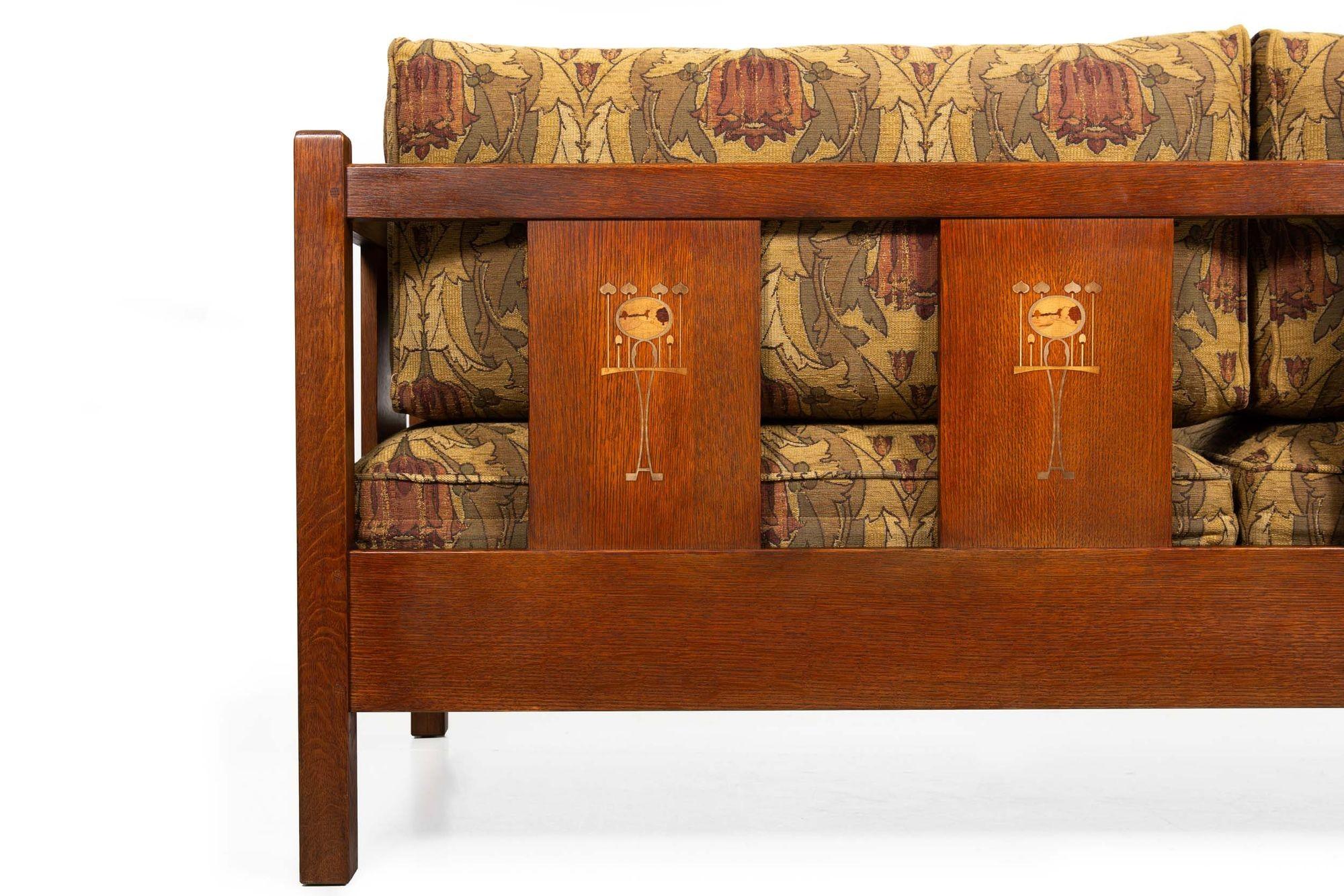 American Stickley Arts & Crafts Mission Inlaid Solid Oak Sofa, Harvey Ellis Collection