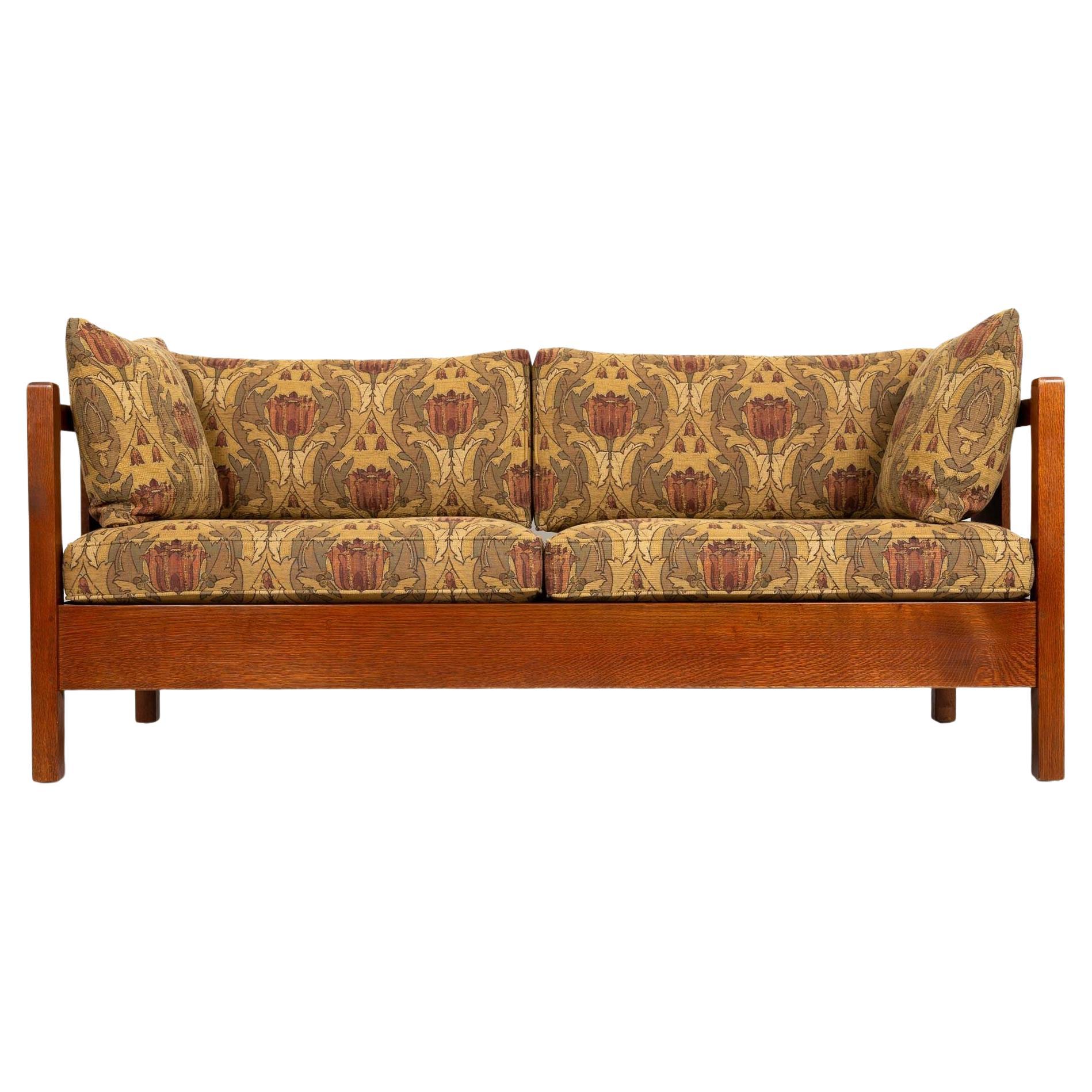 Stickley Arts & Crafts Mission Inlaid Solid Oak Sofa, Harvey Ellis Collection