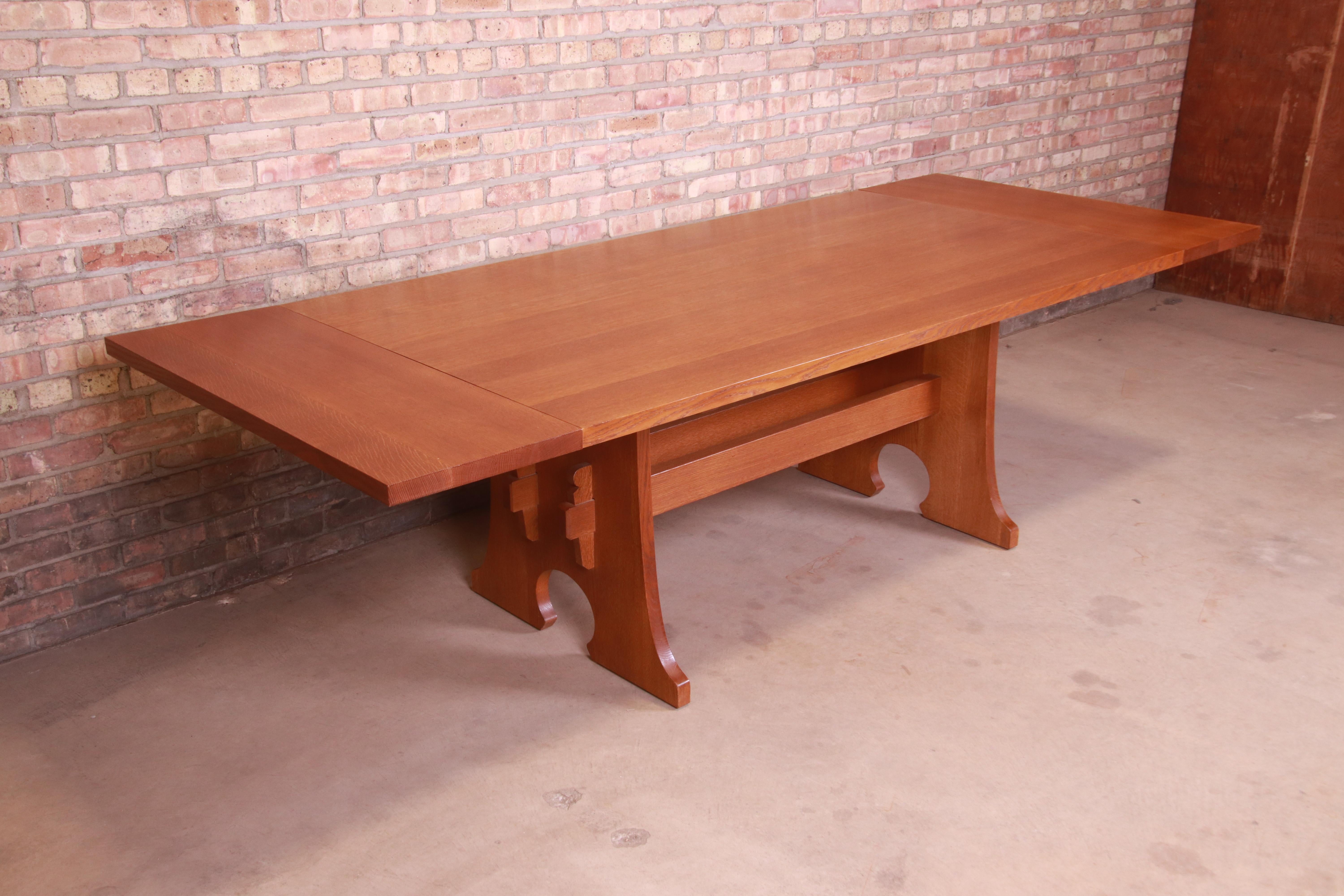 Stickley Arts & Crafts Solid Oak Trestle Base Extension Dining Table In Good Condition In South Bend, IN