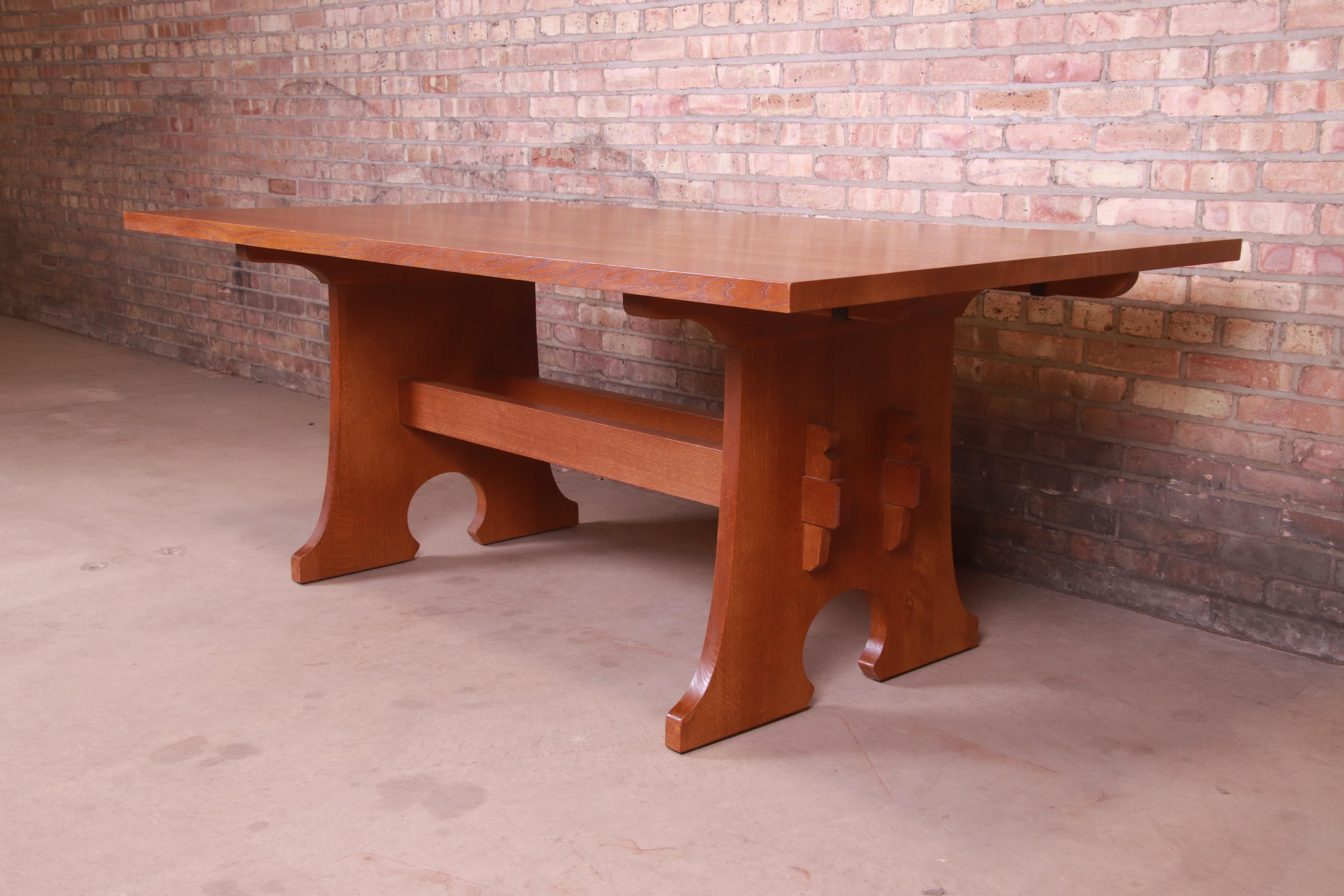 Stickley Arts & Crafts Solid Oak Trestle Base Extension Dining Table 2