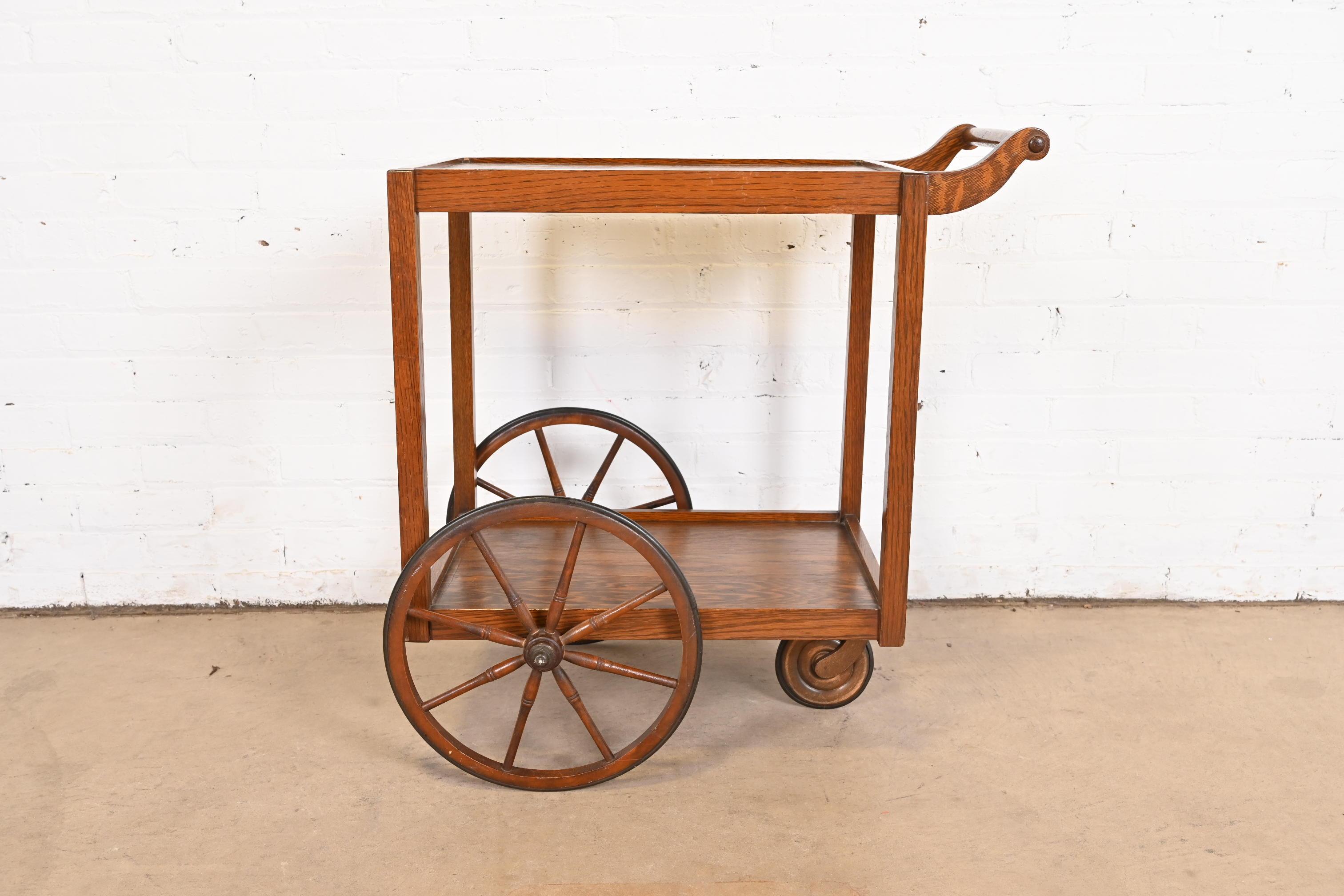 Glass Stickley Brothers Antique Arts & Crafts Oak Bar Cart, Circa 1900 For Sale