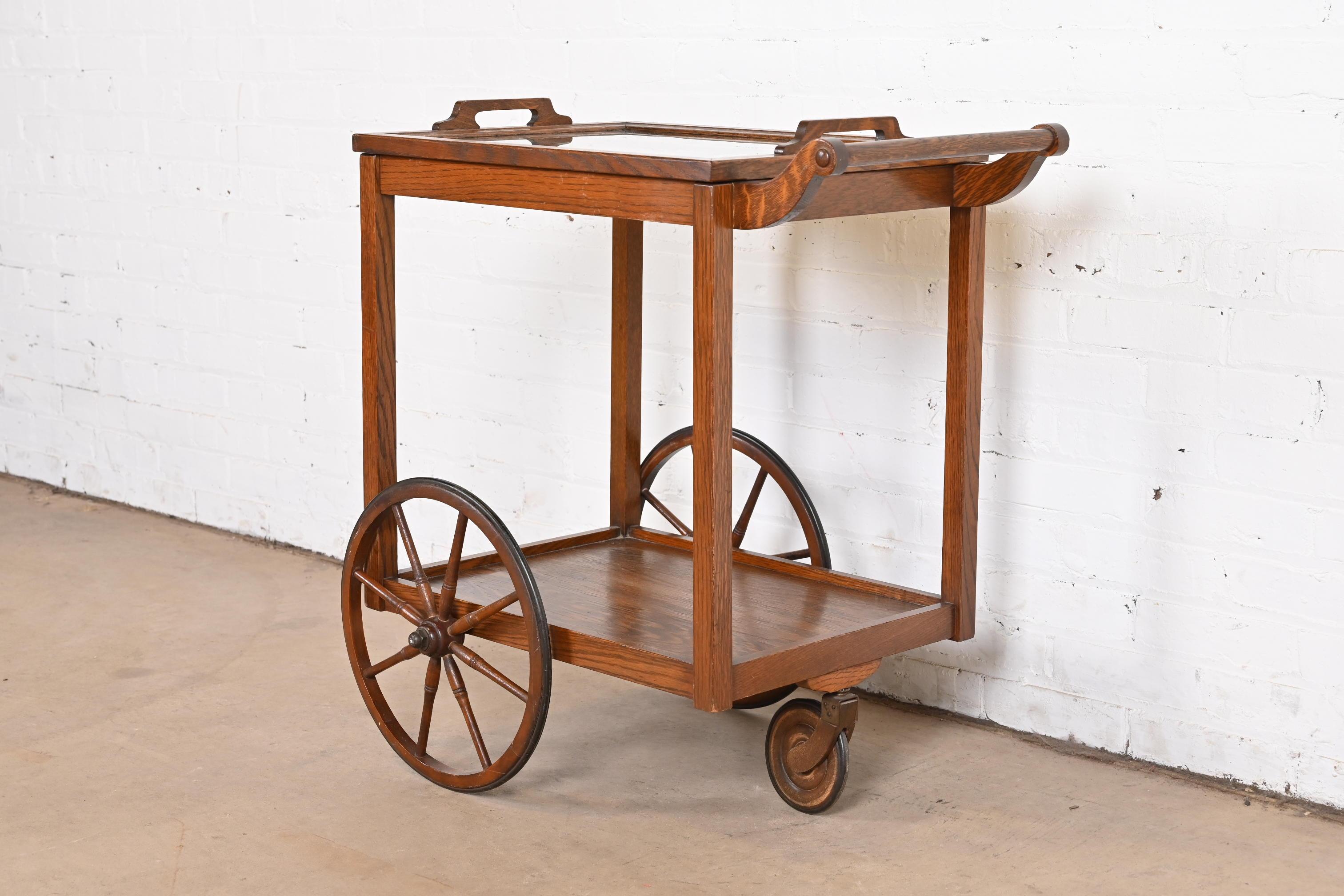 American Stickley Brothers Antique Arts & Crafts Oak Bar Cart, Circa 1900 For Sale
