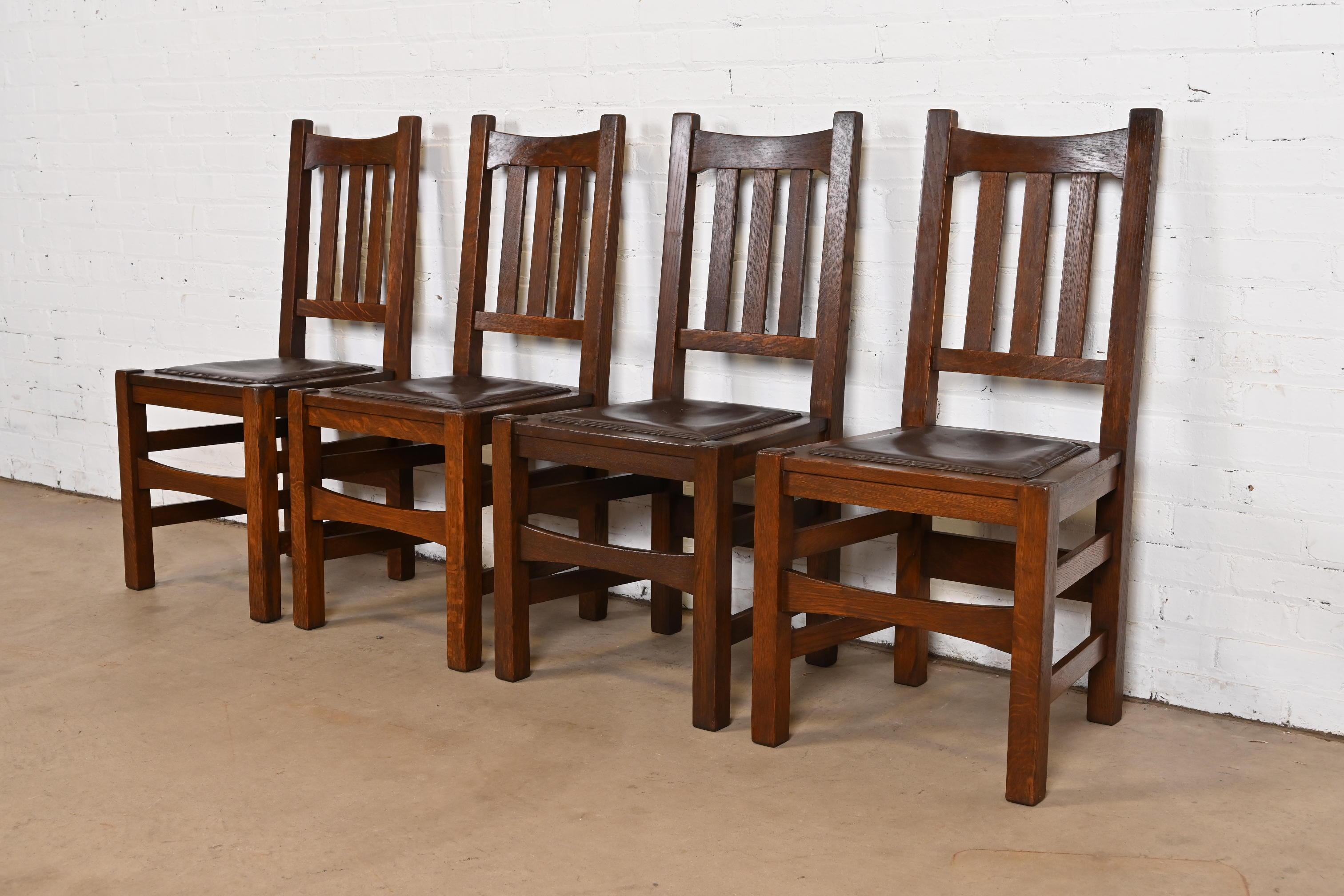 American Stickley Brothers Antique Mission Oak Arts & Crafts Dining Chairs, Set of Four