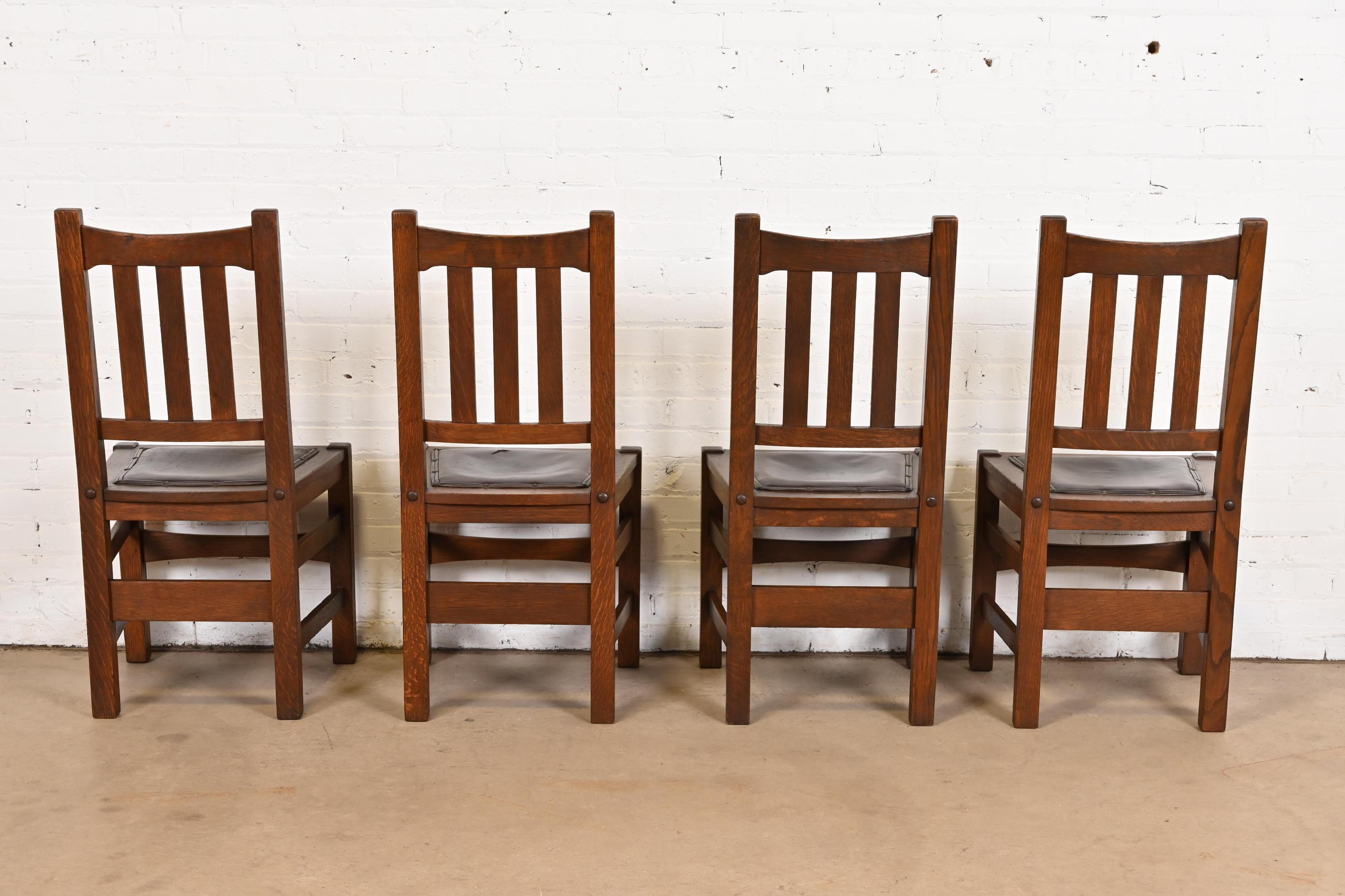 Leather Stickley Brothers Antique Mission Oak Arts & Crafts Dining Chairs, Set of Four