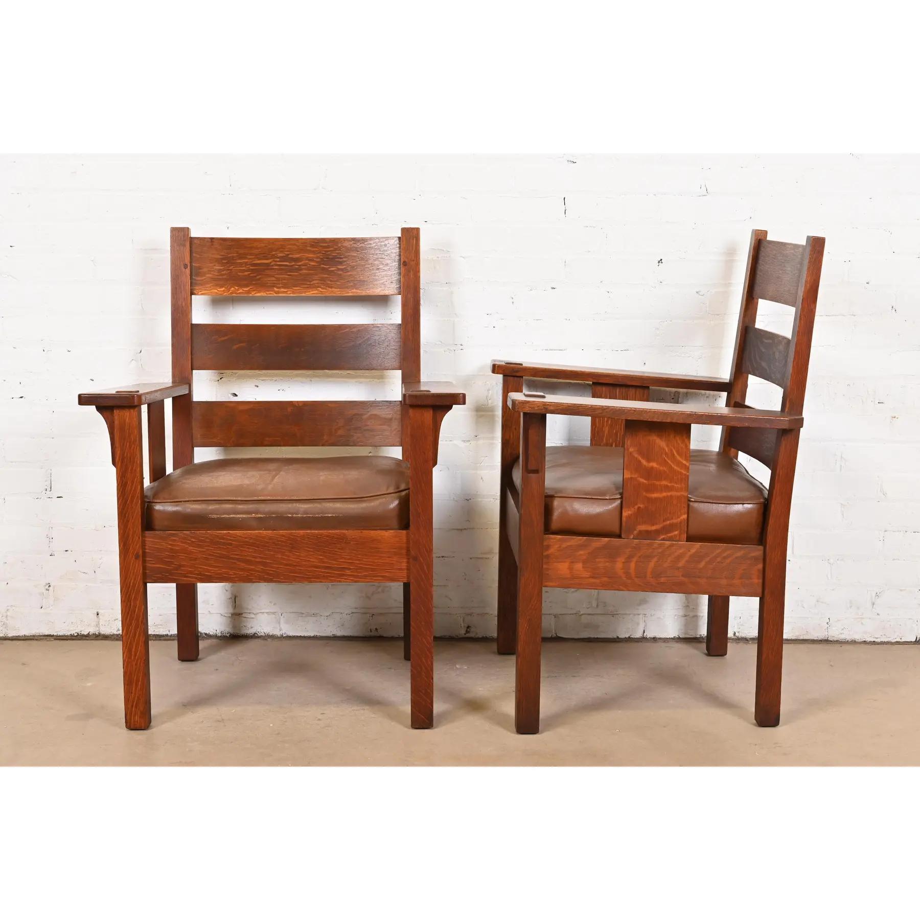 Stickley Brothers Antique Mission Oak Arts & Crafts Lounge Chairs, Pair For Sale 4