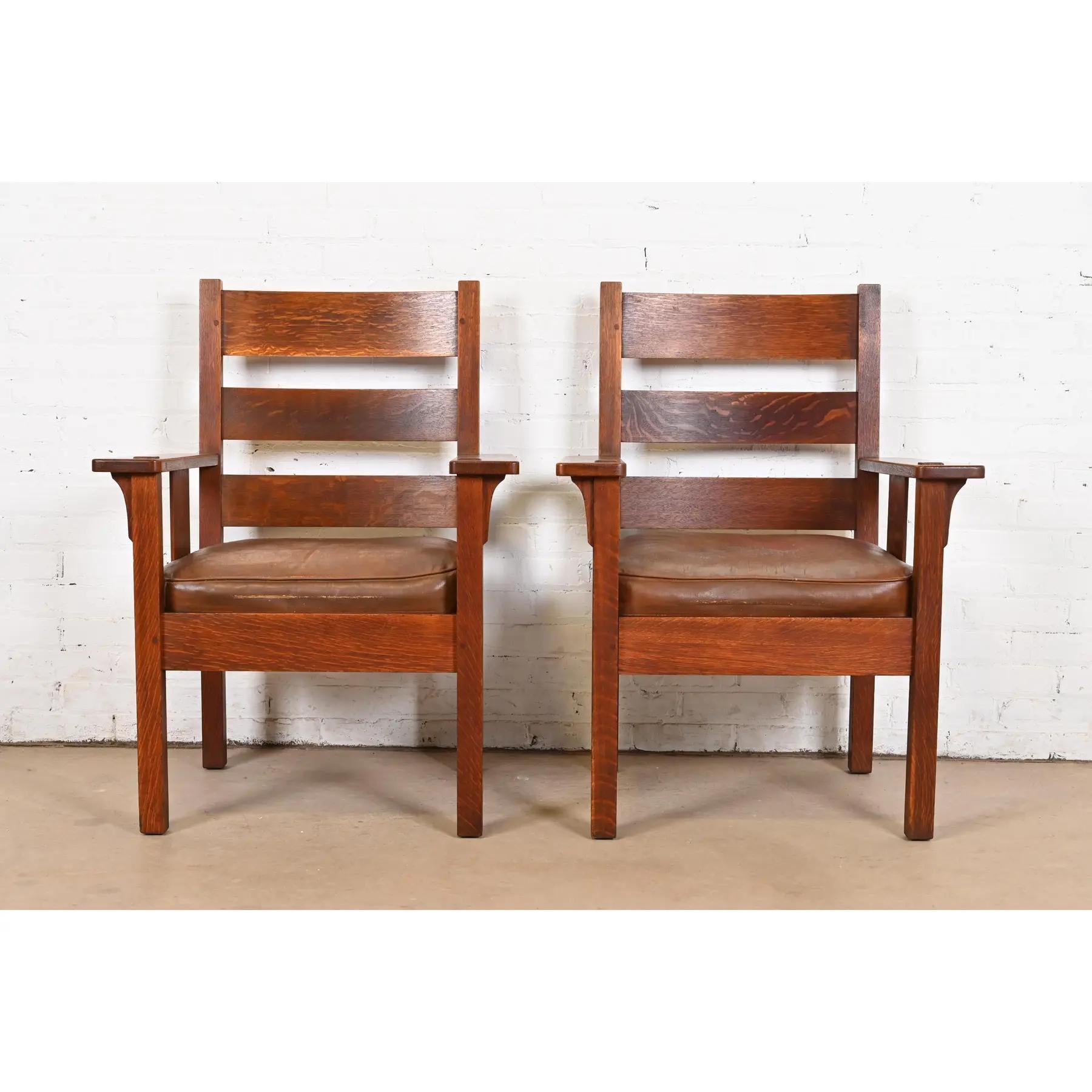 American Stickley Brothers Antique Mission Oak Arts & Crafts Lounge Chairs, Pair For Sale