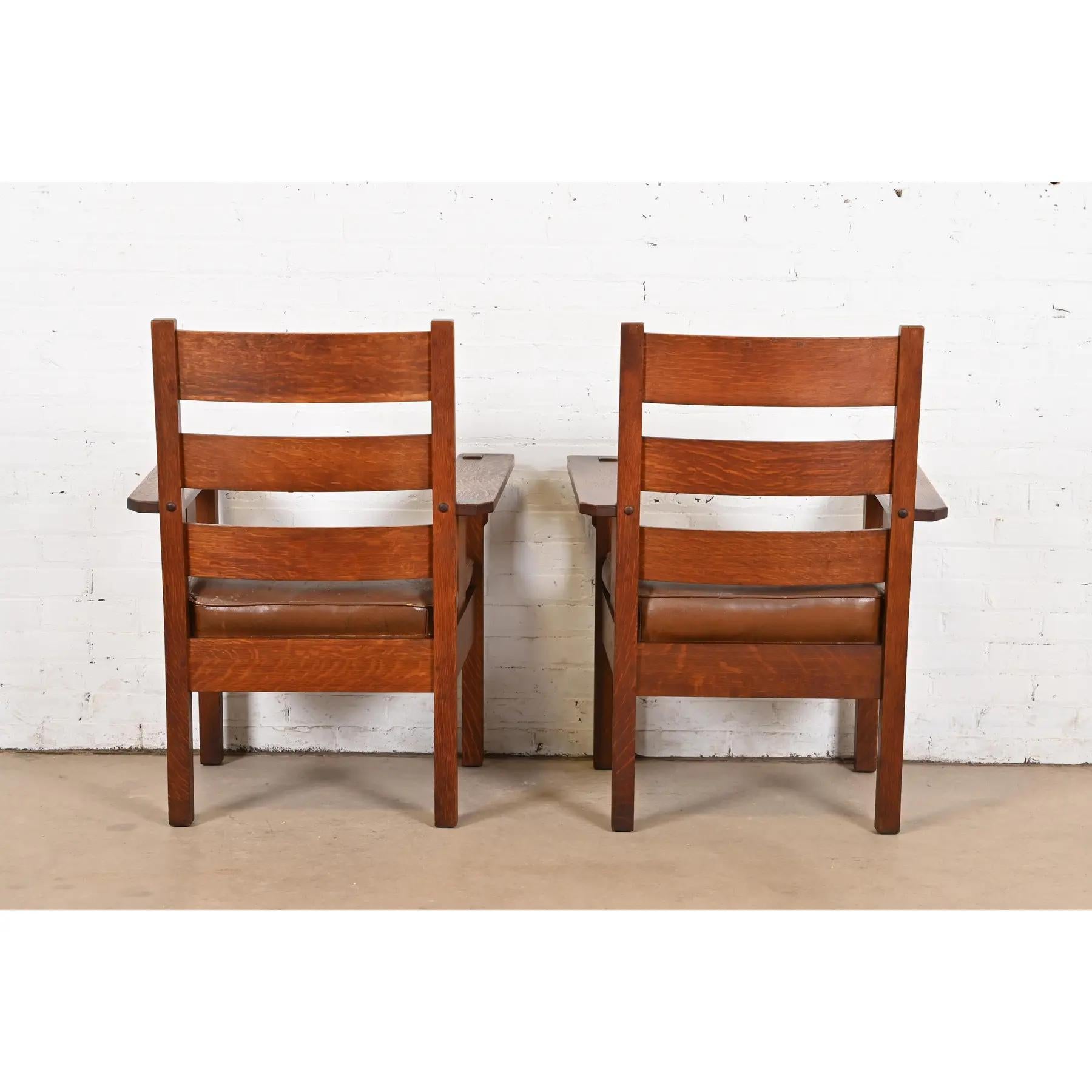 Early 20th Century Stickley Brothers Antique Mission Oak Arts & Crafts Lounge Chairs, Pair For Sale