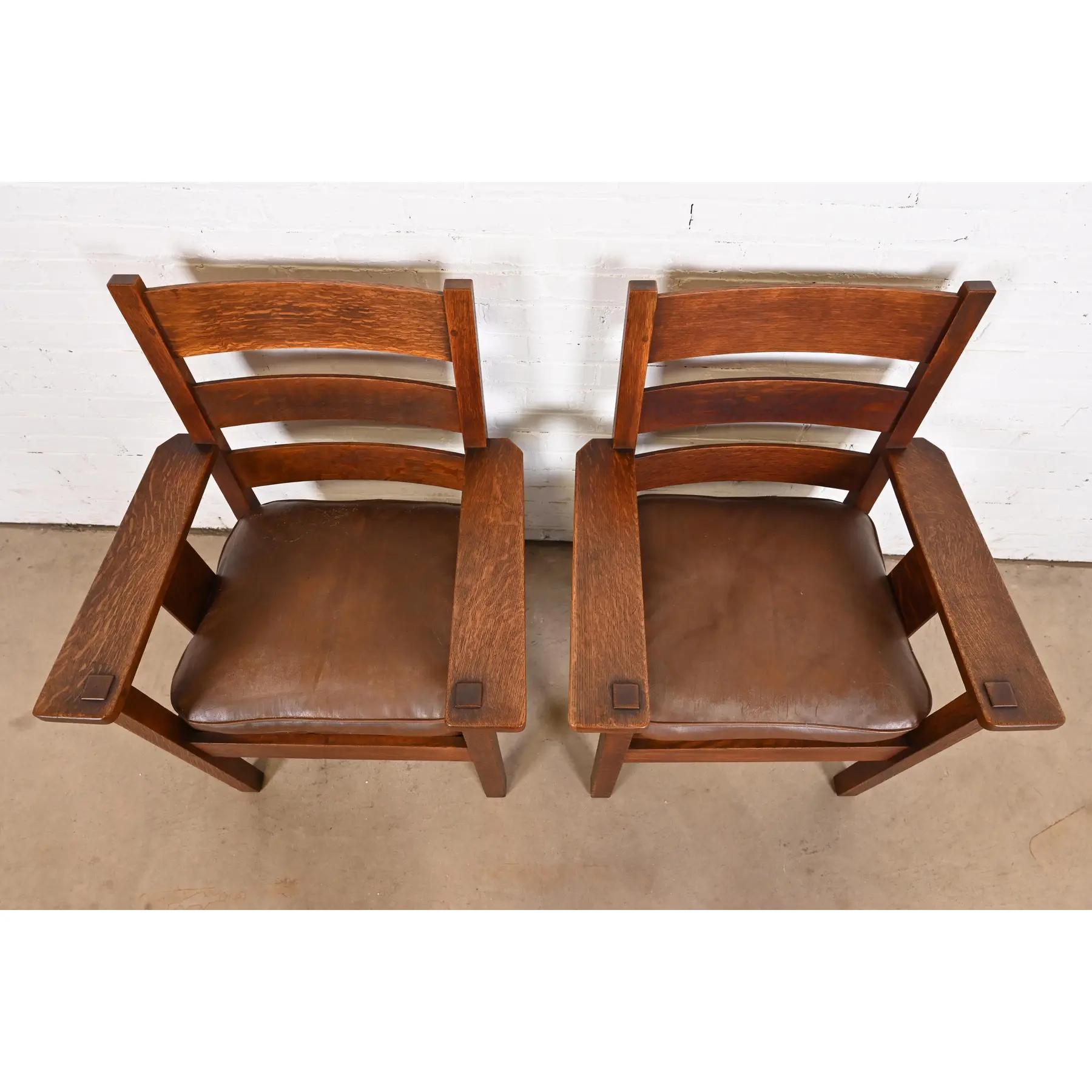 Leather Stickley Brothers Antique Mission Oak Arts & Crafts Lounge Chairs, Pair For Sale