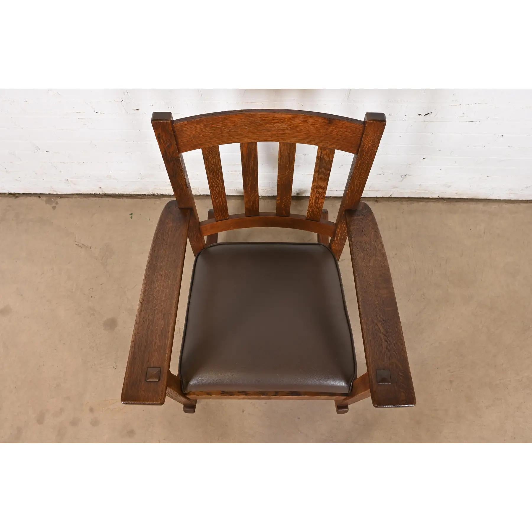 Leather Stickley Brothers Antique Mission Oak Arts & Crafts Rocking Chair, Circa 1910