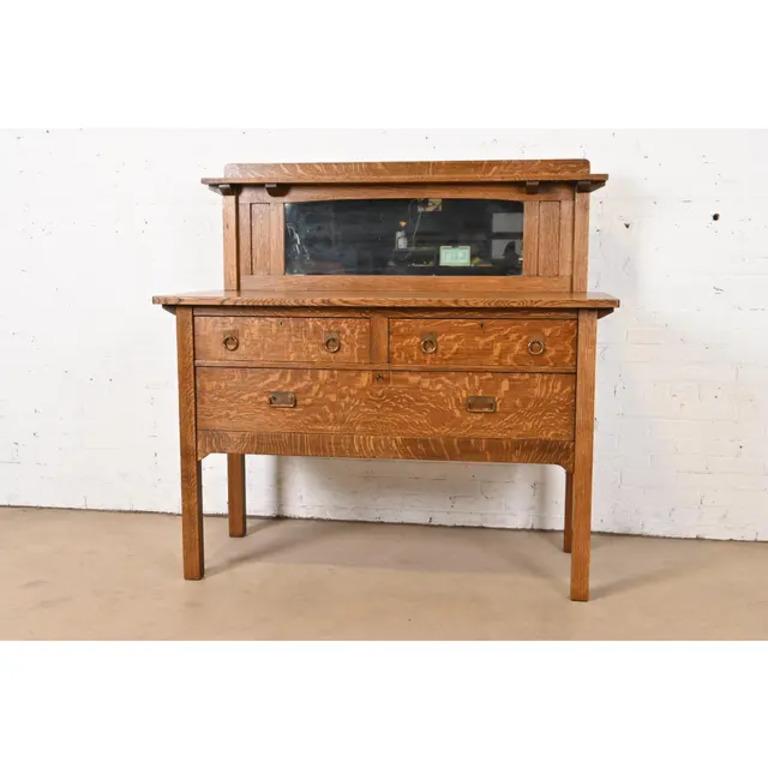 American Stickley Brothers Antique Mission Tiger Oak Arts & Crafts Sideboard or Bar Cabin For Sale
