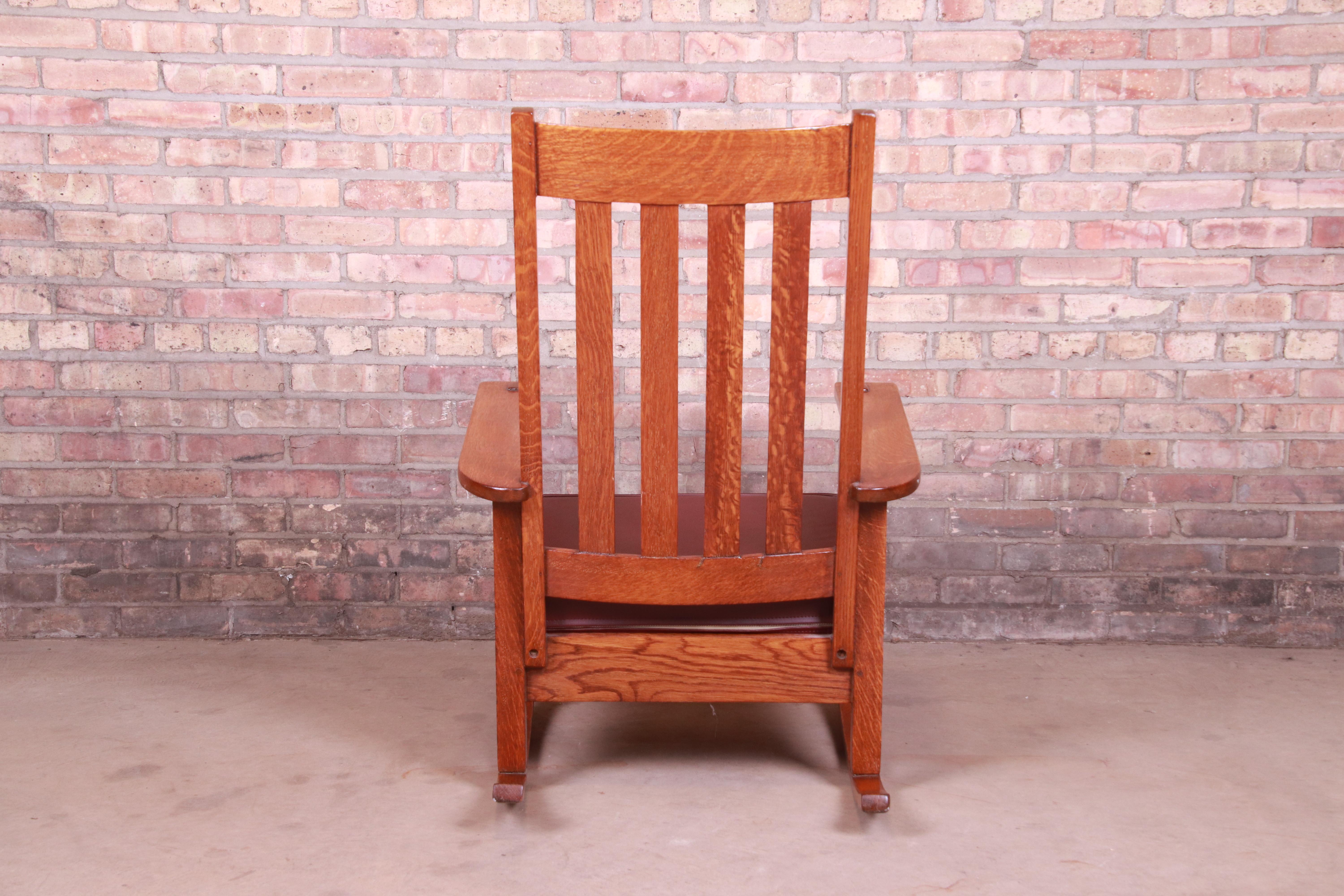 Stickley Brothers Arts & Crafts Oak and Leather Rocking Chair, circa 1900 1