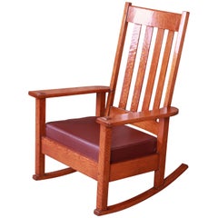 Antique Stickley Brothers Arts & Crafts Oak and Leather Rocking Chair, circa 1900