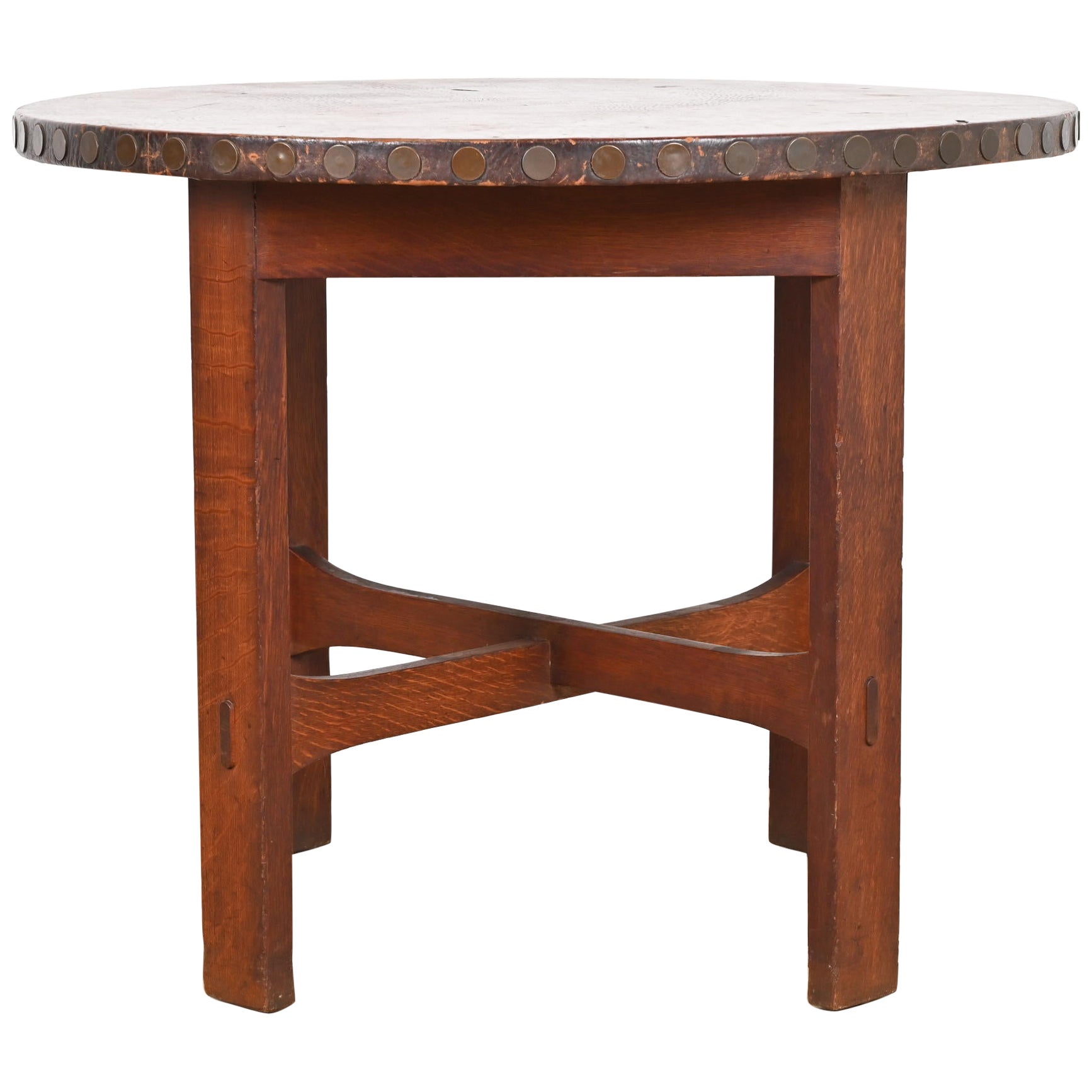 Stickley Brothers Arts & Crafts Oak Leather Top Lamp Table or Center Table