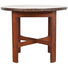 Antique Stickley Brothers Arts & Crafts Oak Leather Top Lamp Table or Center Table