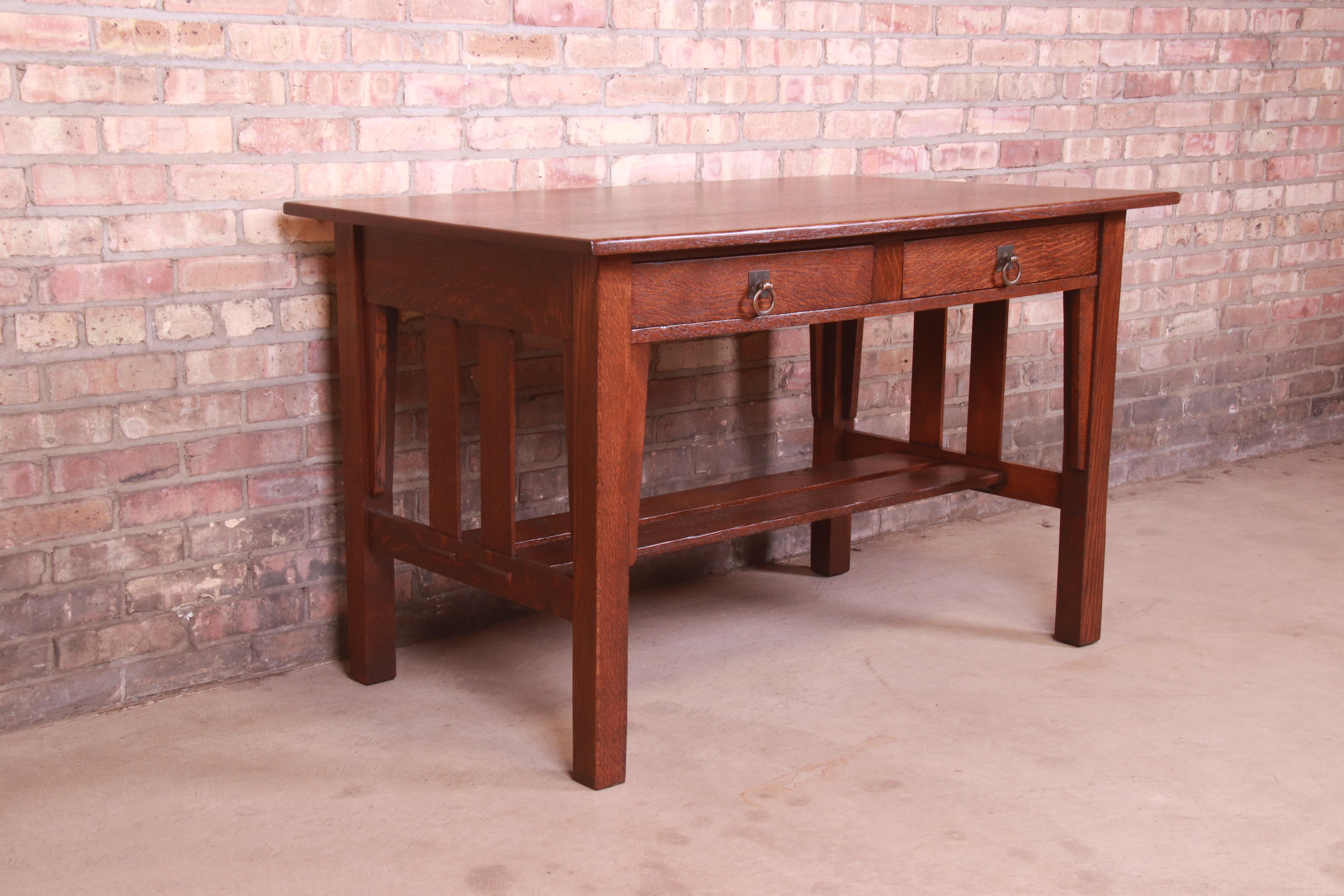 Copper Stickley Brothers Arts & Crafts Oak Writing Desk or Library Table, Restored