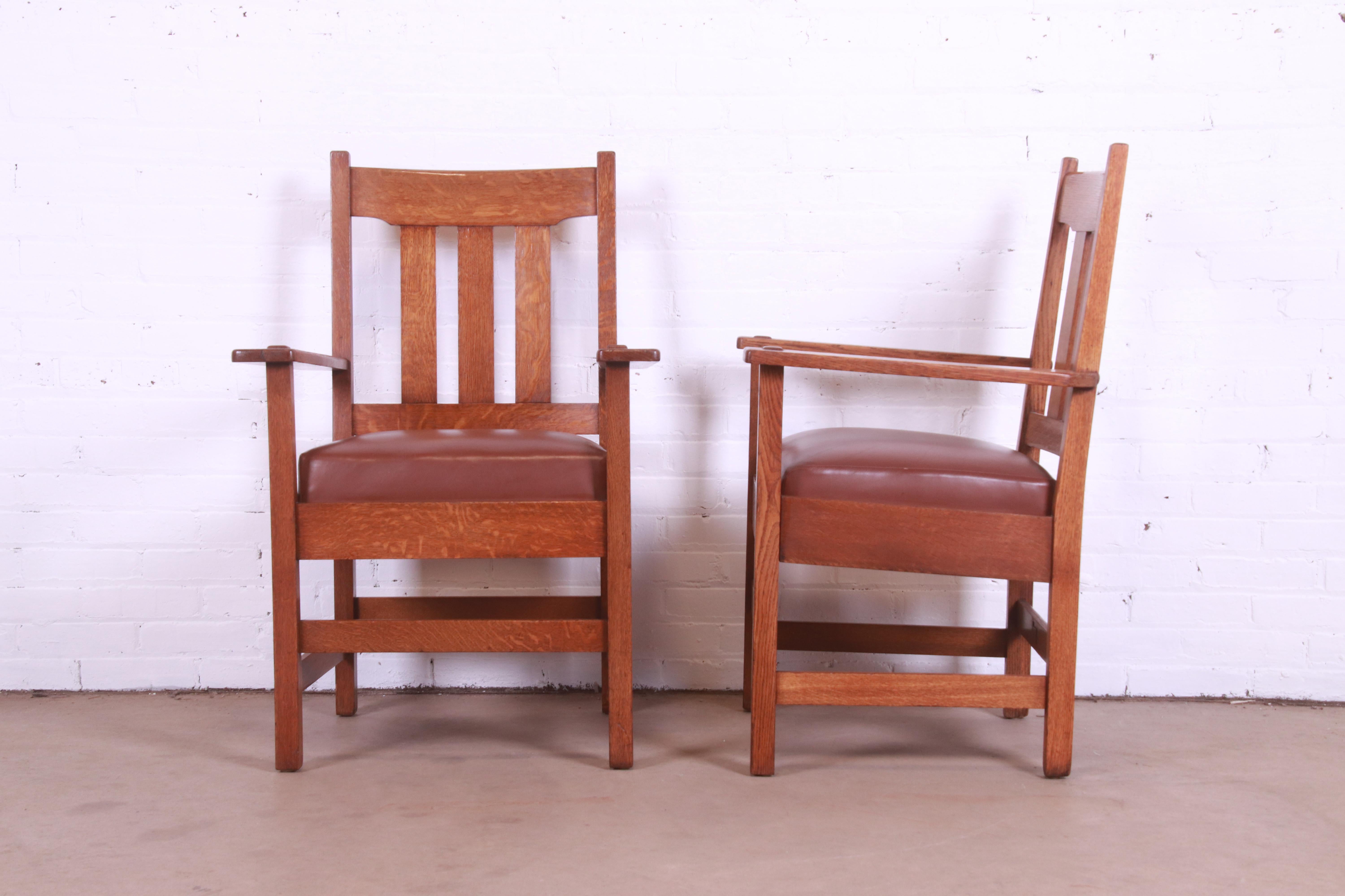 Stickley Brothers Mission Oak Arts & Crafts Arm Chairs, Pair For Sale 4