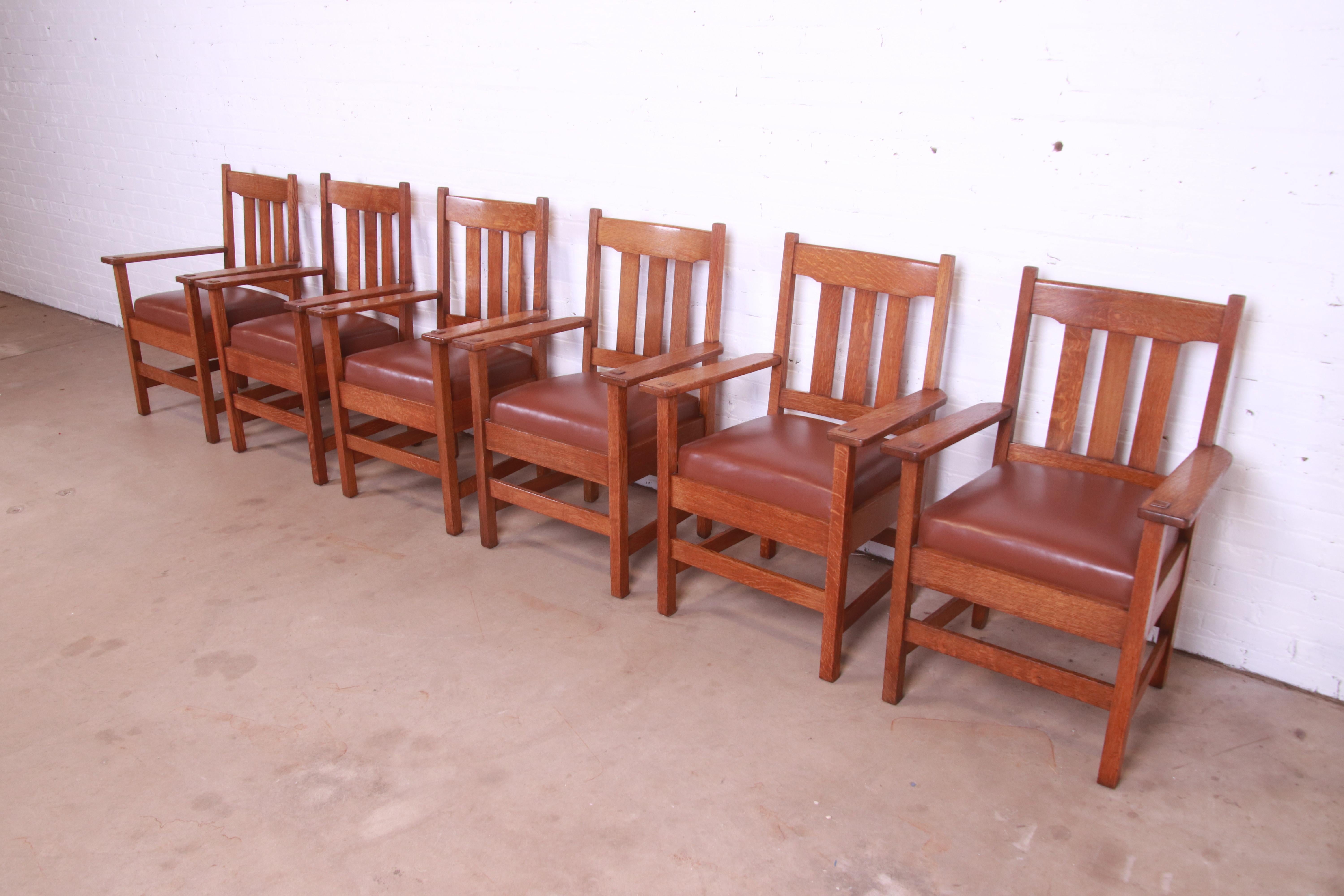 Arts and Crafts Stickley Brothers Mission Oak Arts & Crafts Dining Arm Chairs, Set of Six
