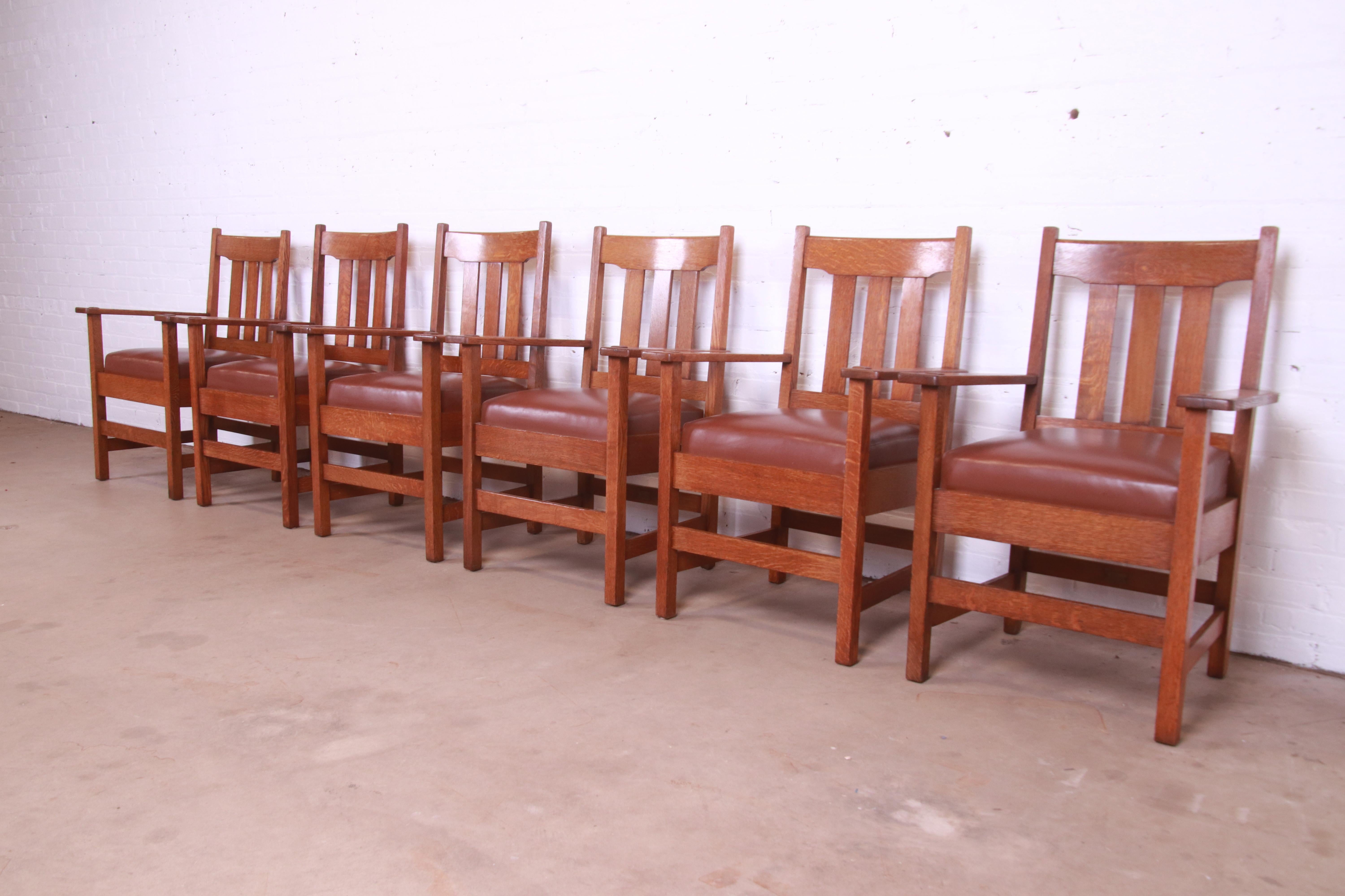 American Stickley Brothers Mission Oak Arts & Crafts Dining Arm Chairs, Set of Six