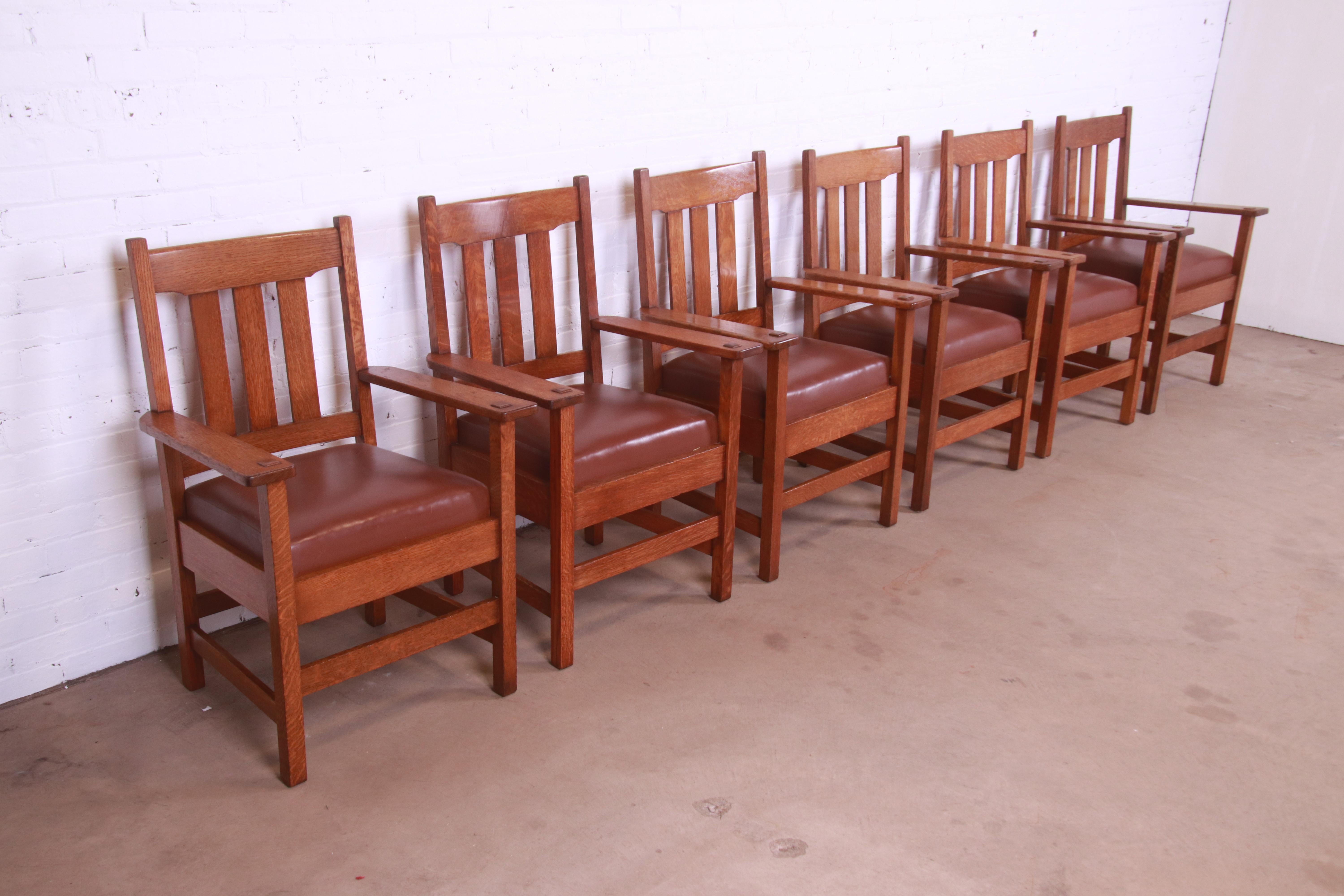 Stickley Brothers Mission Oak Arts & Crafts Dining Arm Chairs, Set of Six In Good Condition In South Bend, IN