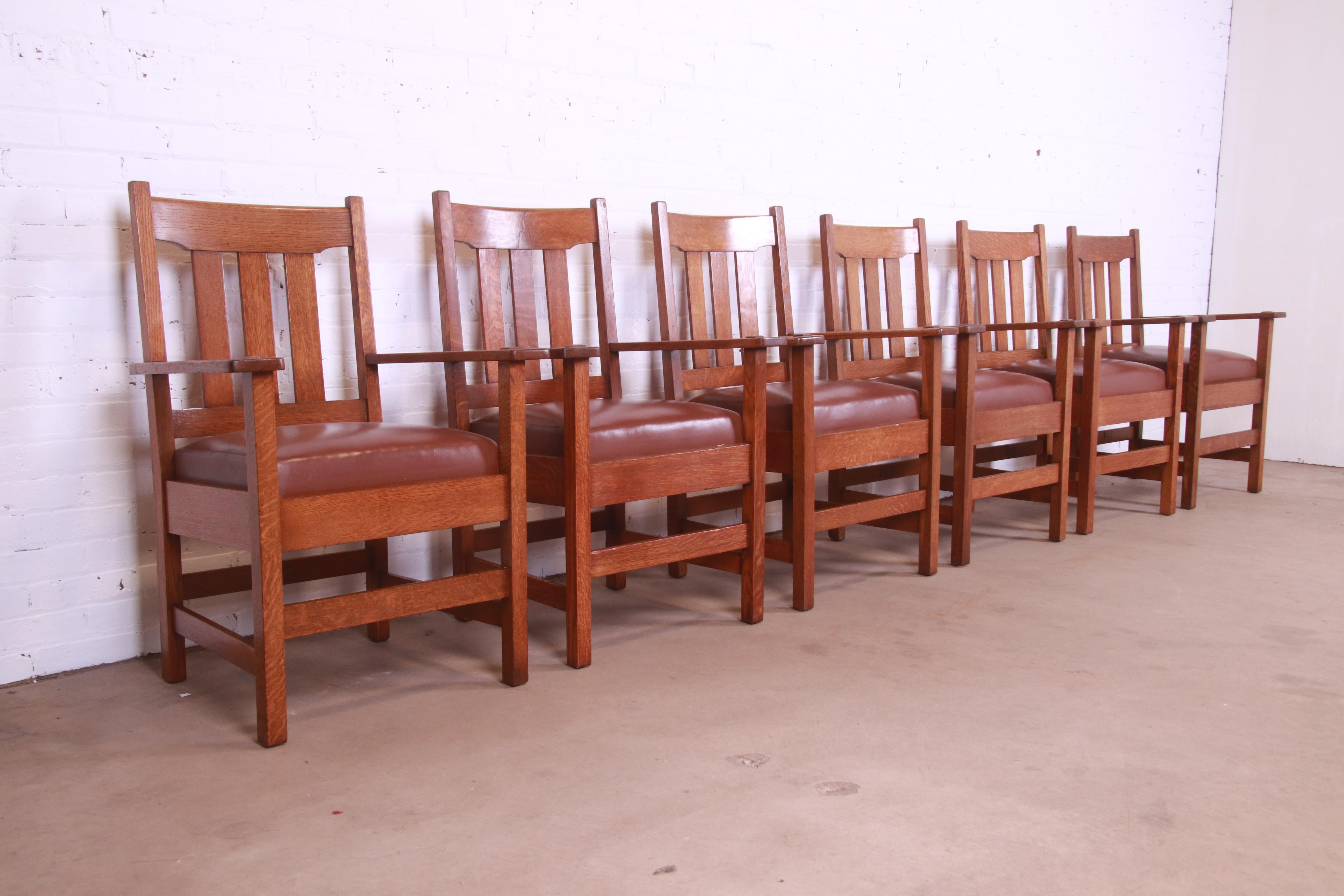 20th Century Stickley Brothers Mission Oak Arts & Crafts Dining Arm Chairs, Set of Six