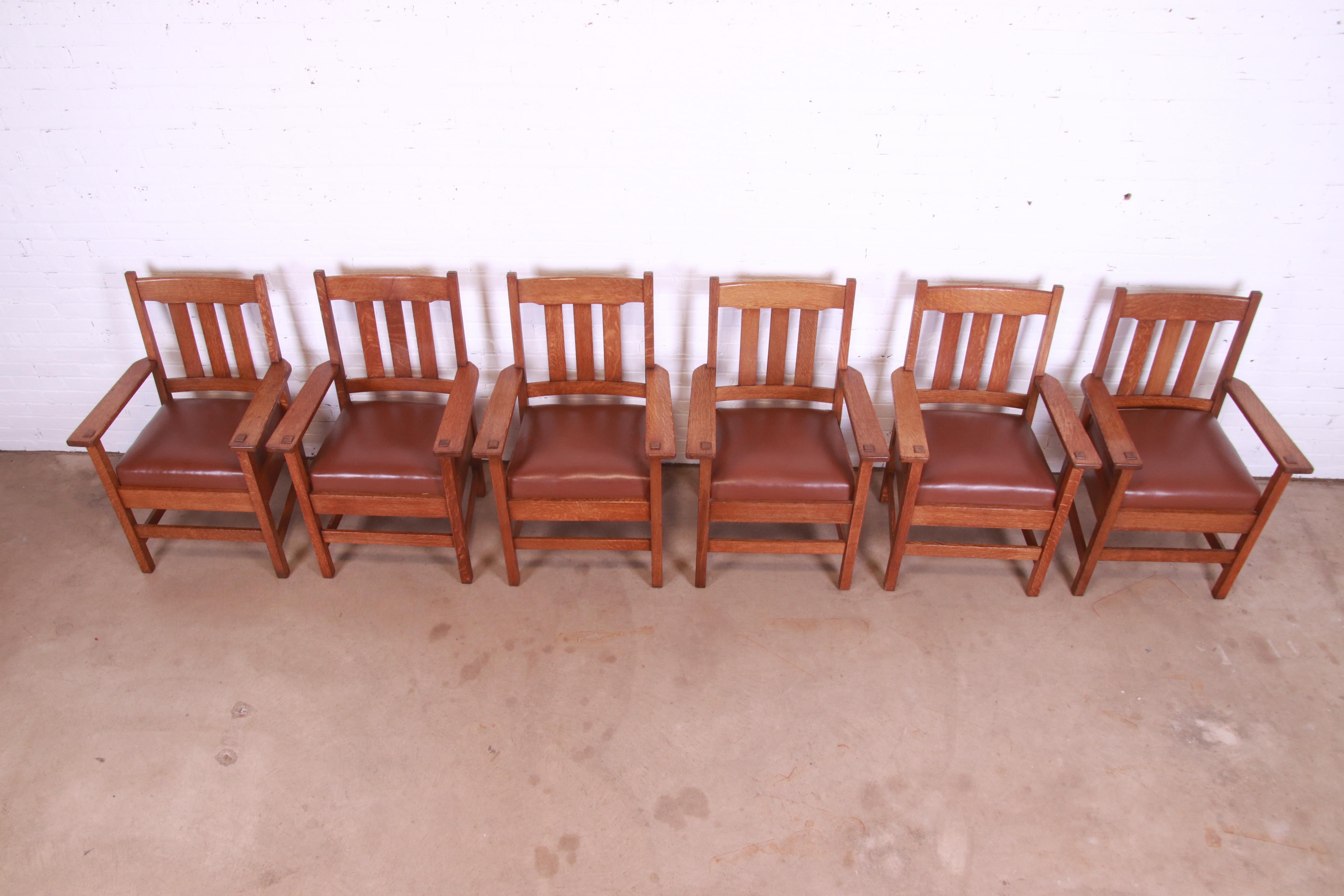 Leather Stickley Brothers Mission Oak Arts & Crafts Dining Arm Chairs, Set of Six