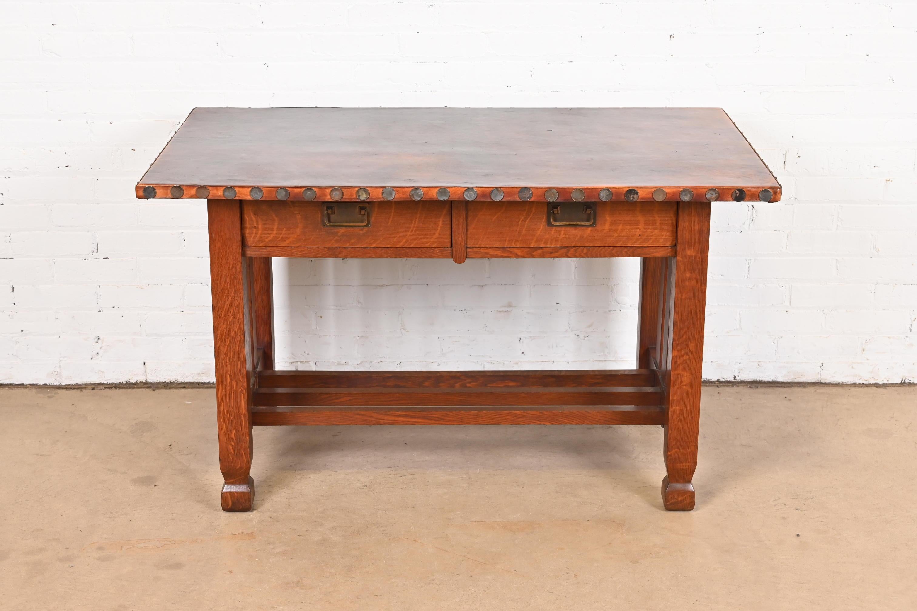 American Stickley Brothers Mission Oak Arts & Crafts Leather Top Desk or Library Table