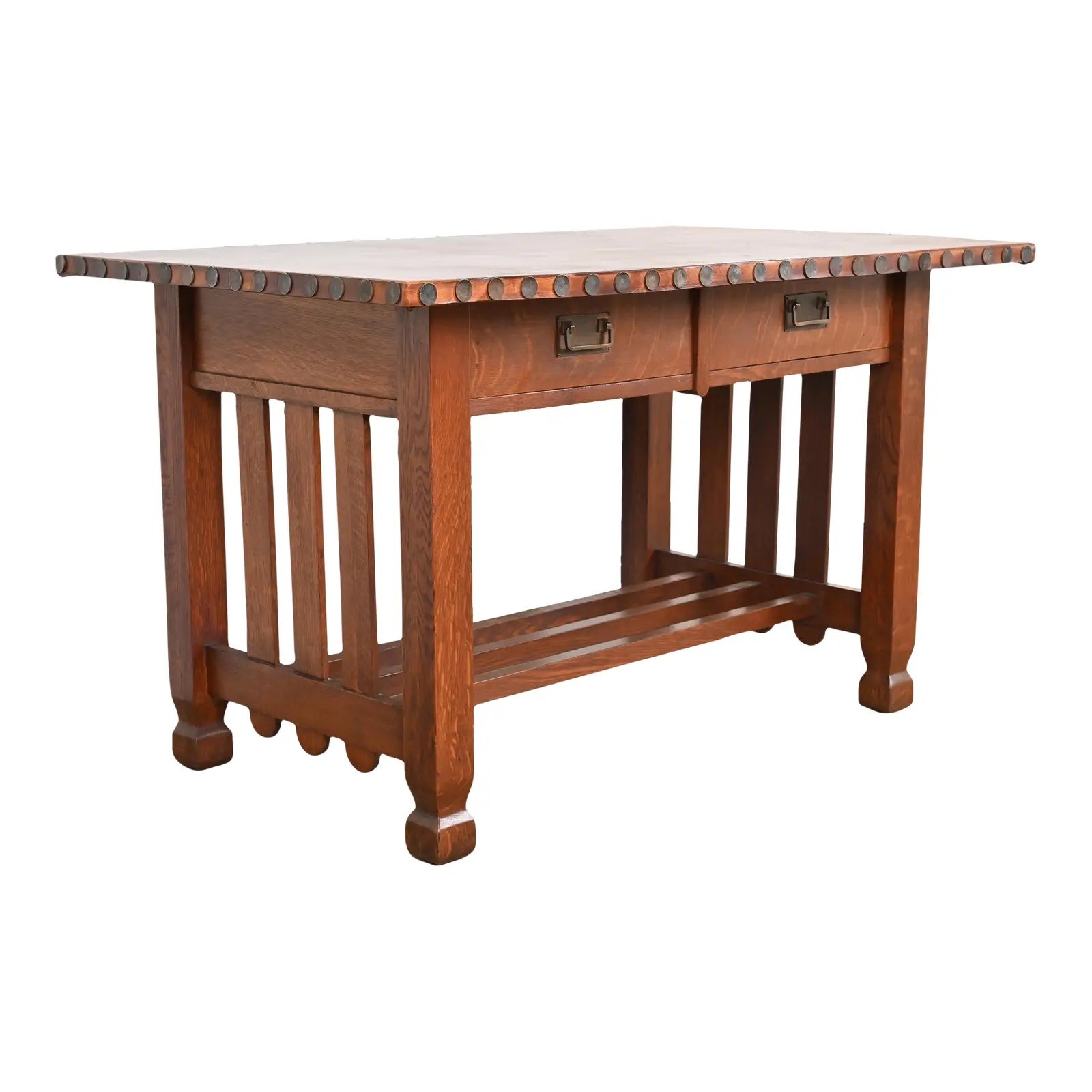Stickley Brothers Mission Oak Arts & Crafts Leather Top Desk or Library Table For Sale