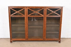 Stickley Brothers Style Antique Arts & Crafts Oak Glass Front Triple Bookcase
