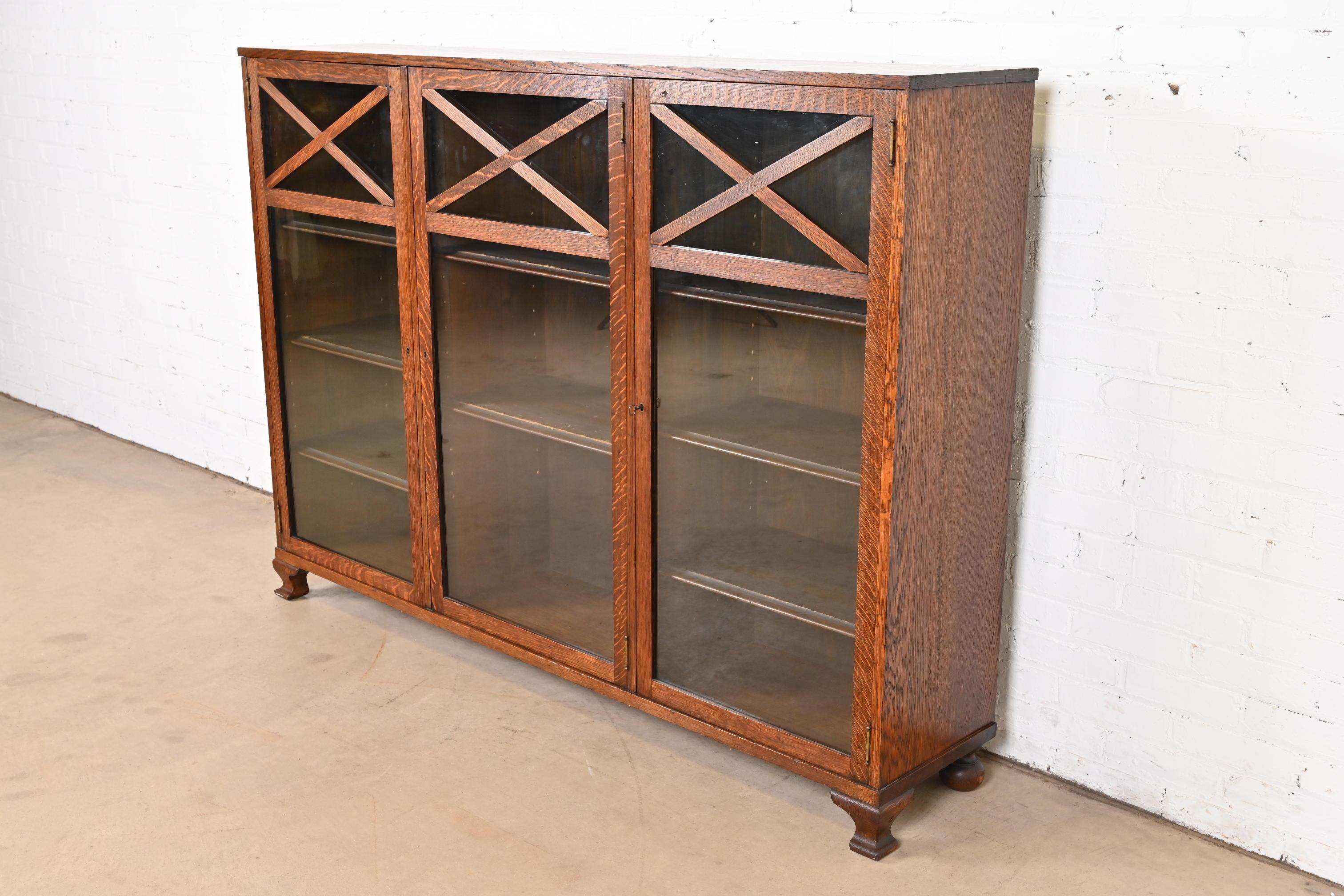 Arts and Crafts Stickley Brothers Style Antique Arts & Crafts Oak Glass Front Triple Bookcase For Sale