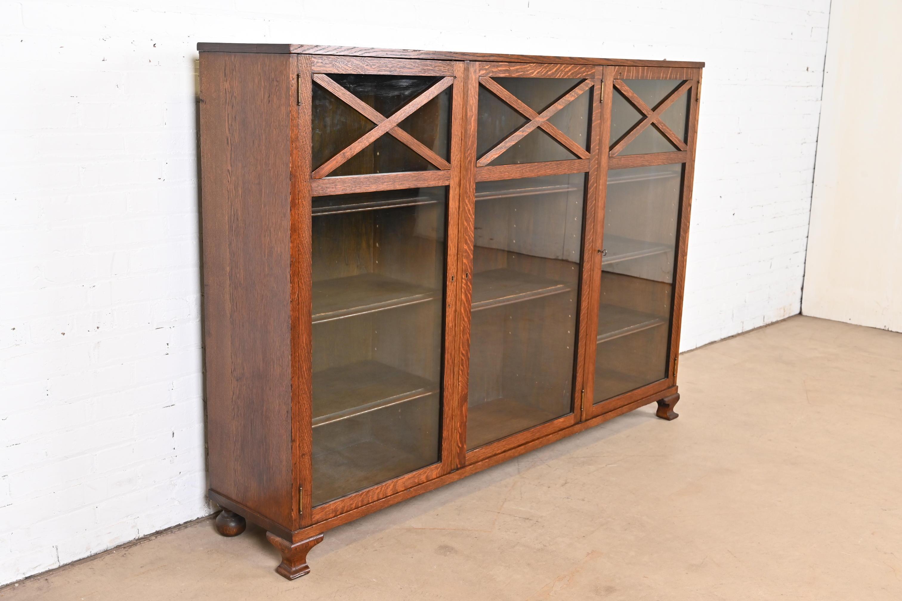 American Stickley Brothers Style Antique Arts & Crafts Oak Glass Front Triple Bookcase For Sale
