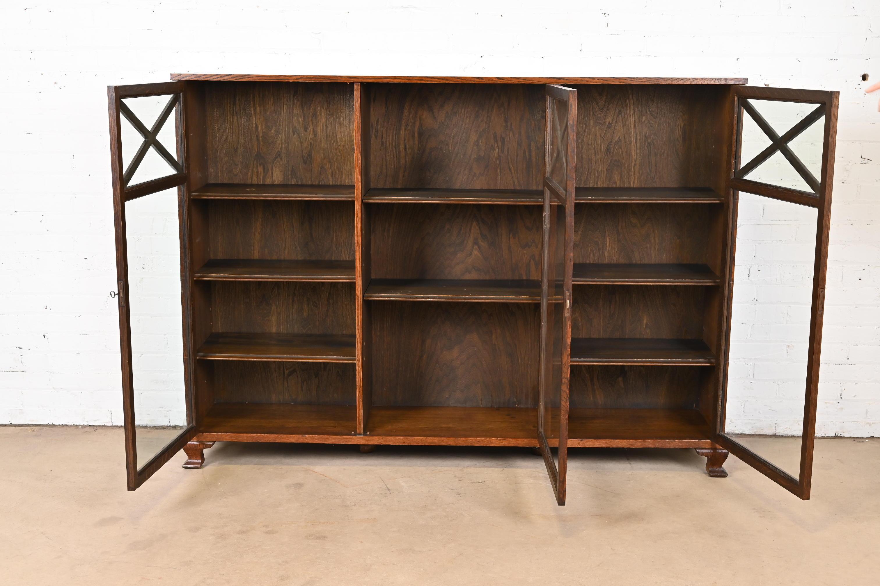 Stickley Brothers Style Antique Arts & Crafts Oak Glass Front Triple Bookcase For Sale 1
