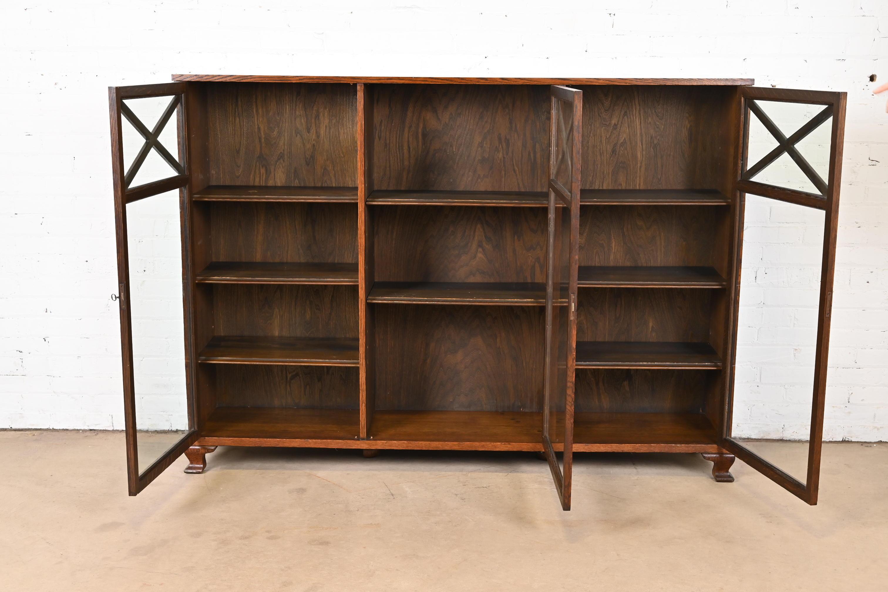 Stickley Brothers Style Antique Arts & Crafts Oak Glass Front Triple Bookcase 1