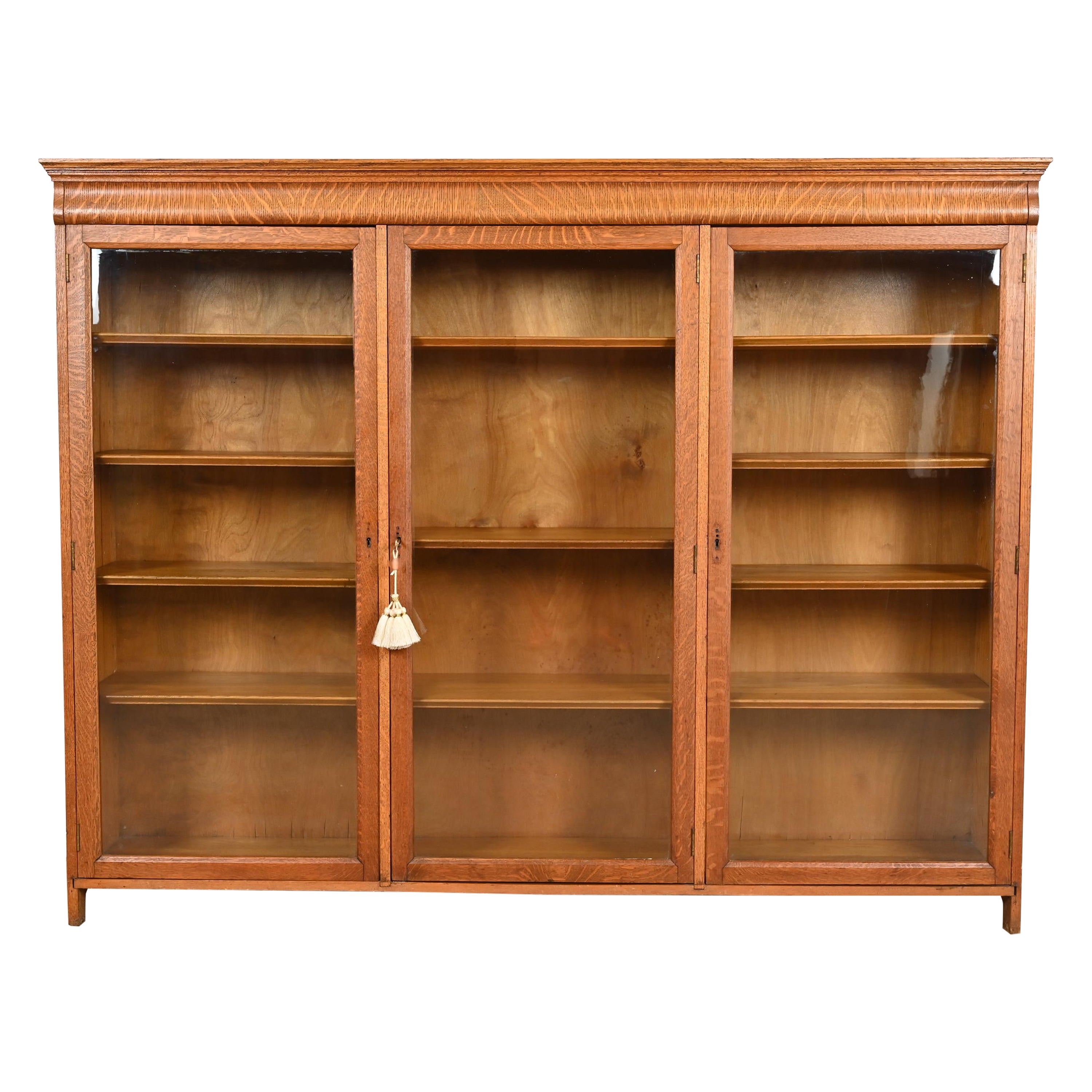 Stickley Brothers Style Antique Arts 
Crafts Oak Glass Front Triple Bookcase