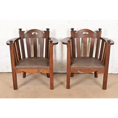 Stickley Brothers Style Antique Mission Oak Arts & Crafts Cube Club Chairs, Pair