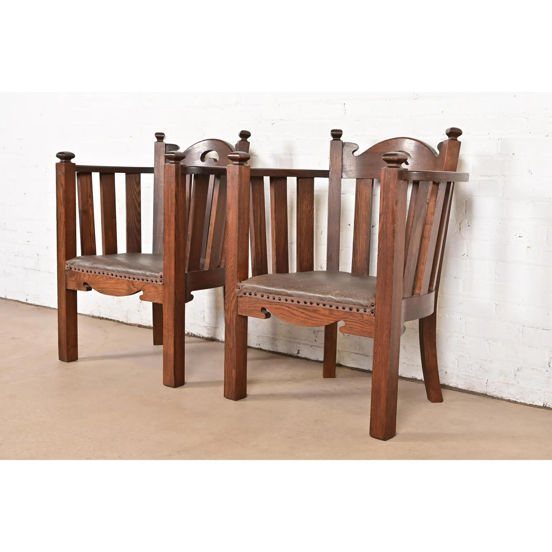 American Stickley Brothers Style Antique Mission Oak Arts & Crafts Cube Club Chairs, Pair For Sale