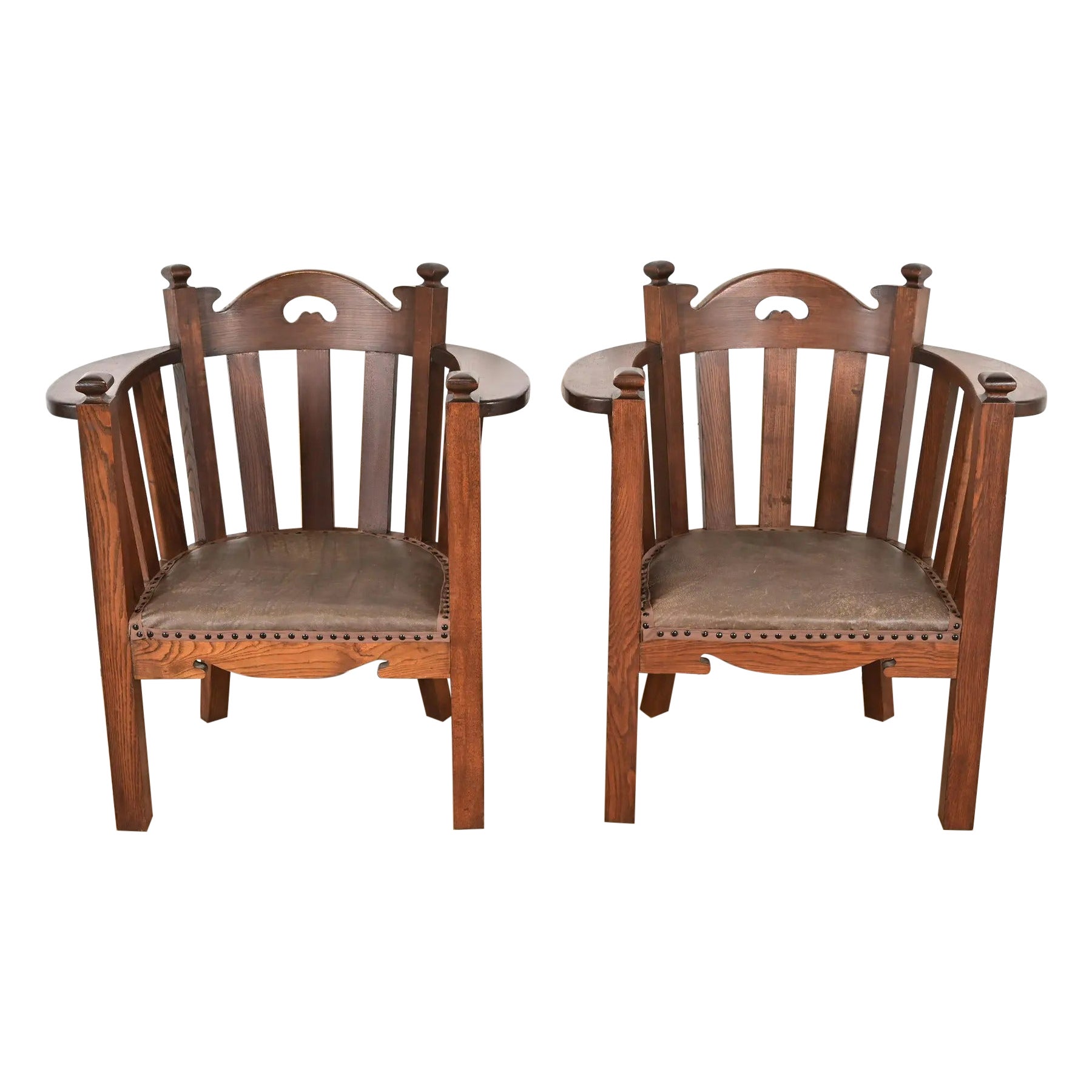 Paire de fauteuils club cubiques en chêne antique Mission Arts & Crafts, style Stickley Brothers