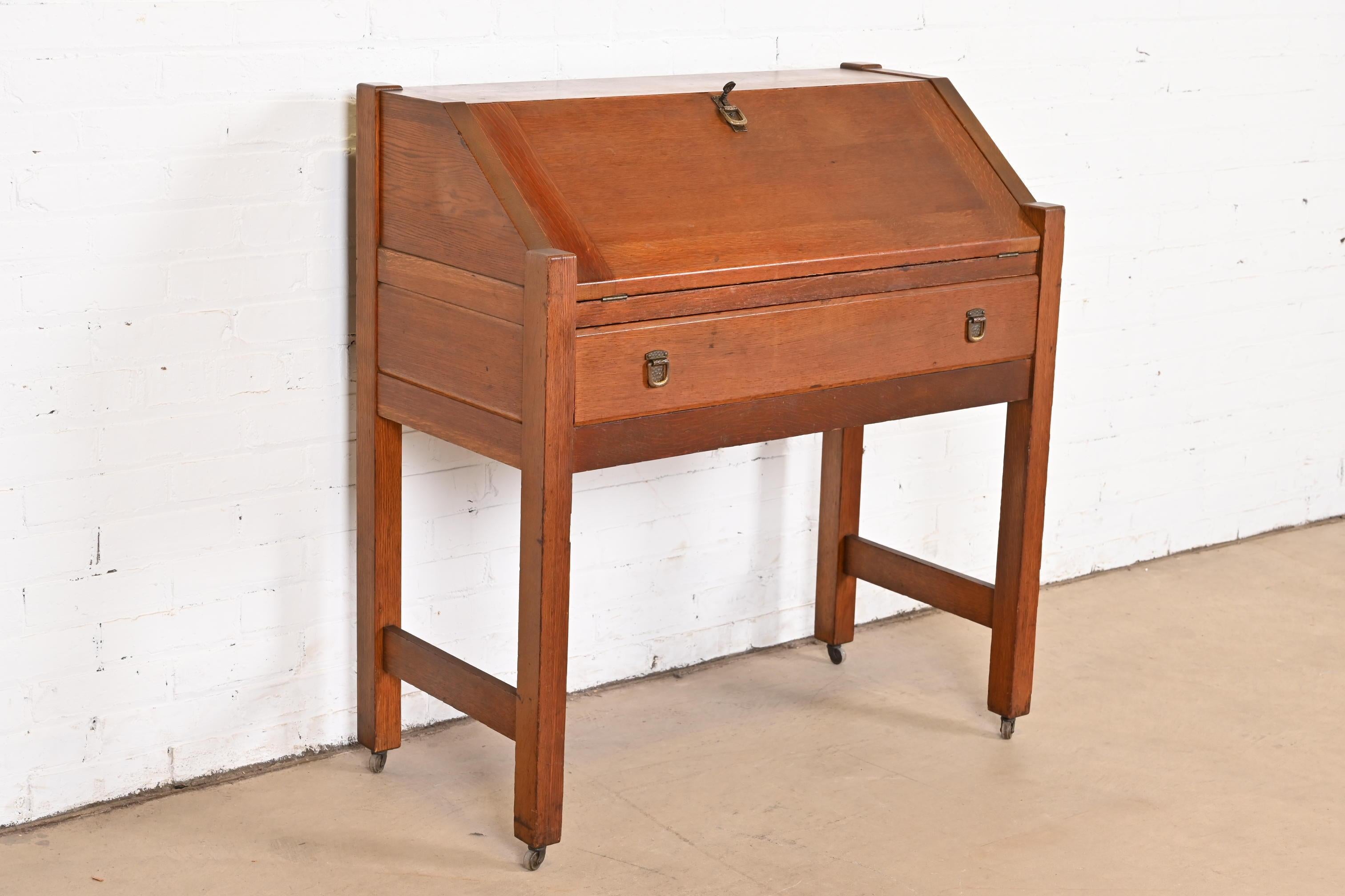 Hammered Stickley Brothers Style Antique Mission Oak Arts & Crafts Drop Front Desk For Sale