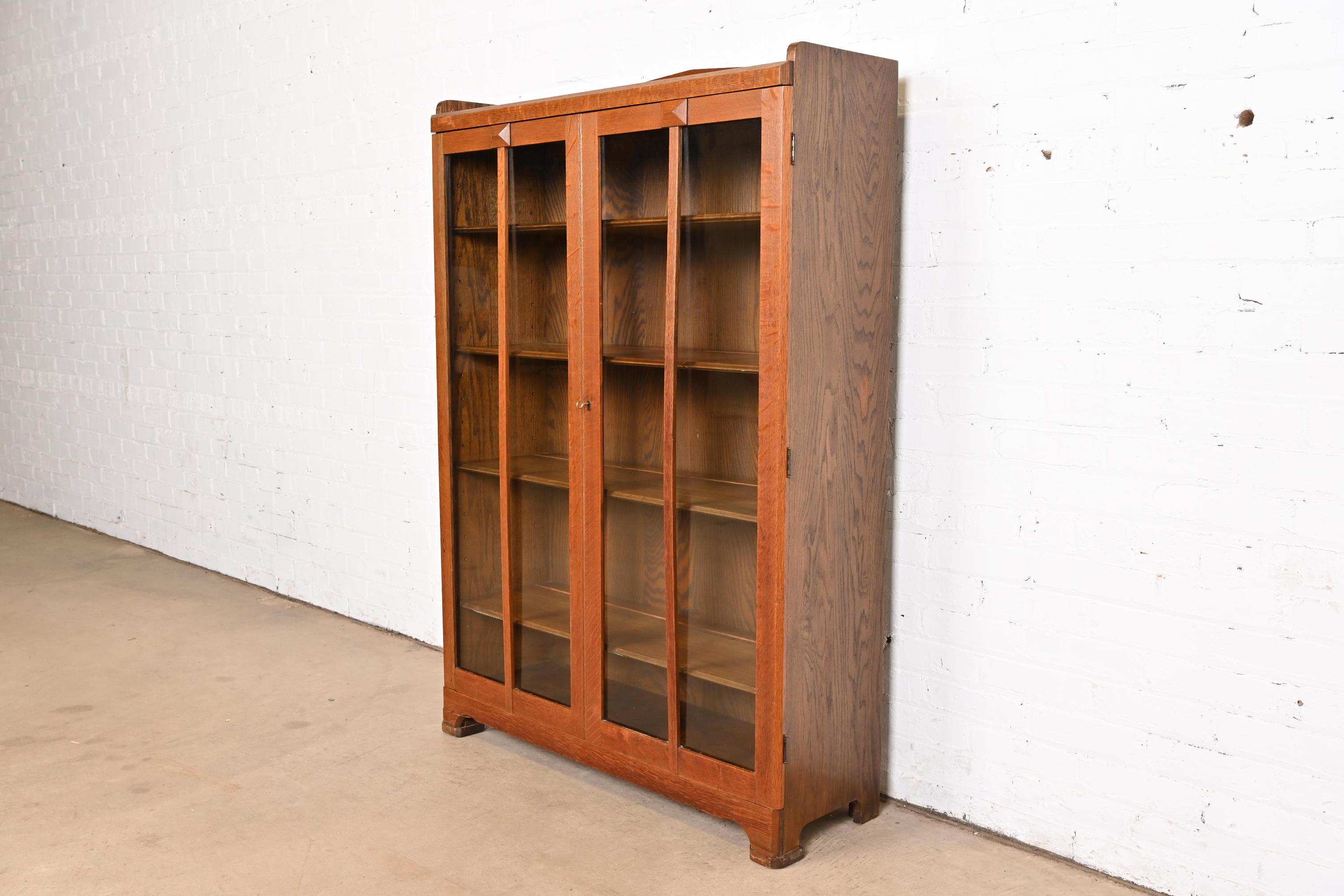 Arts and Crafts Stickley Brothers Style Antique Mission Oak Arts & Crafts Glass Front Bookcase For Sale