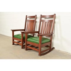 Stickley Brothers Style Antique Mission Oak Arts & Crafts Rocking Chairs, Pair